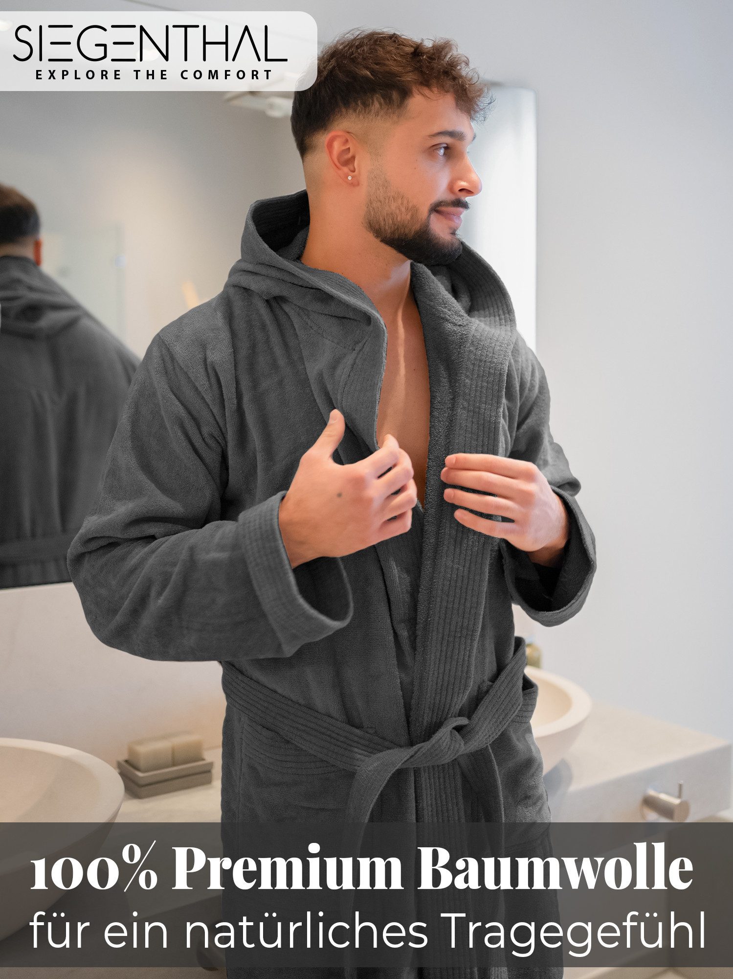 SIEGENTHAL Herrenbademantel 100% Baumwolle Frottee Velours mit Kapuze Wadenlang Wellness und Spa, Kapuze, Bindegürtel, Wadenlang, 2x Taschen, 100% Baumwolle, weich und elegant