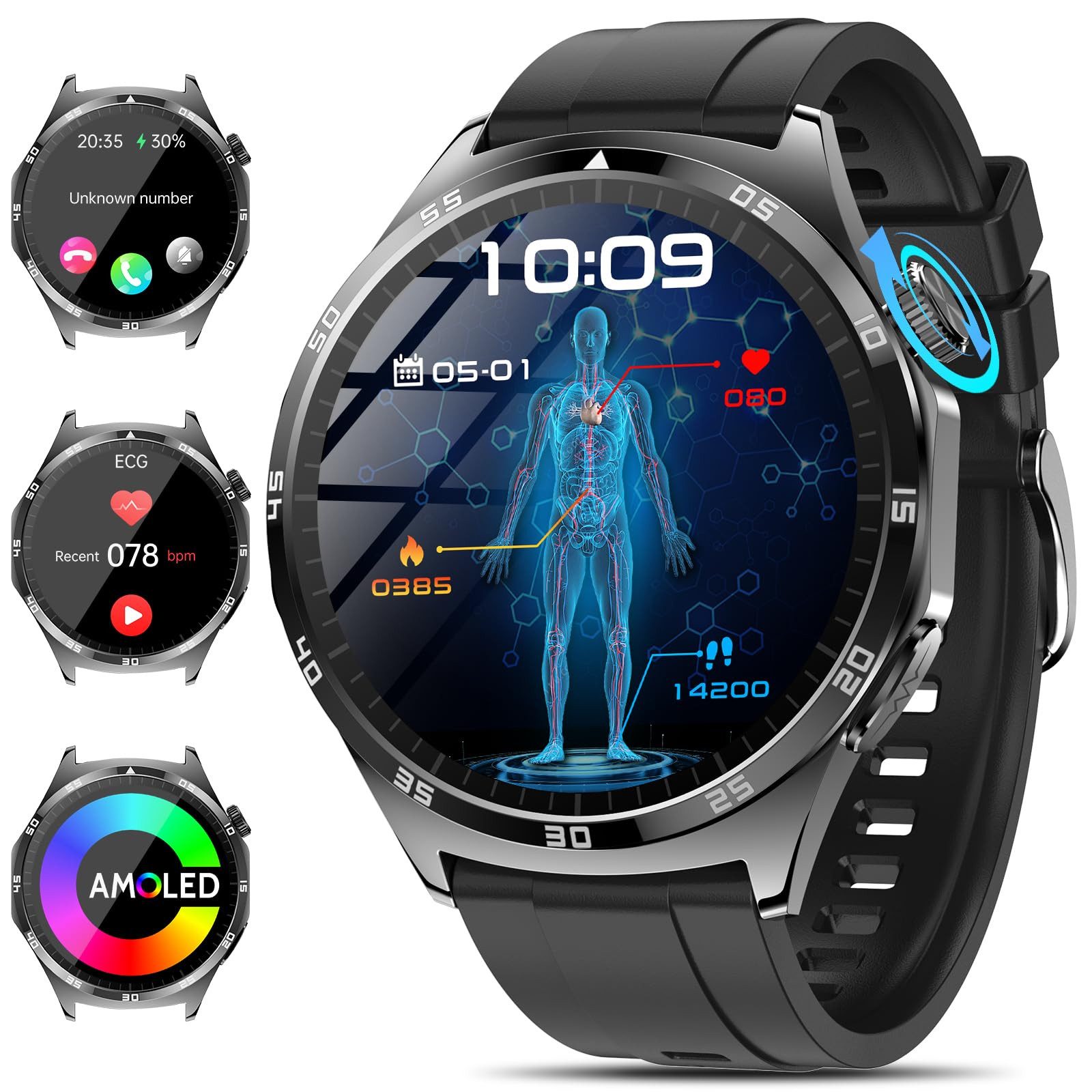 AIBISTAR Smartwatch, 1,43“ AMOLED, EKG, Blutdruck, 50 Sportmodi Smartwatch, EKG+PPG Technologie, Stressanalyse & Emotion, Kompatibel mit iOS & Android,Schlafqualitätsanalyse