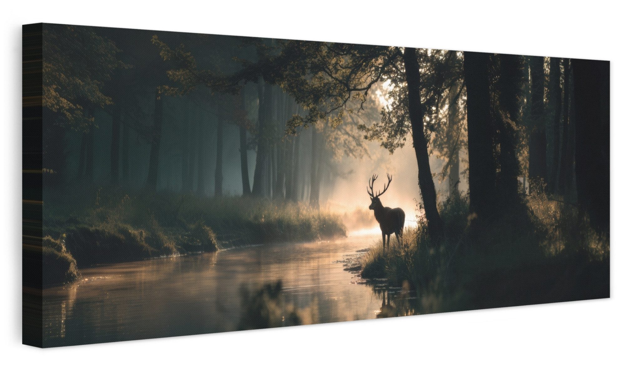 OneMillionCanvasses® Leinwandbild Panorama Hirsche - Waldbach - Mystisch, Fotodruck (1 St), Wandbild, Deko Schlafzimmer Wohnzimmer Flur …