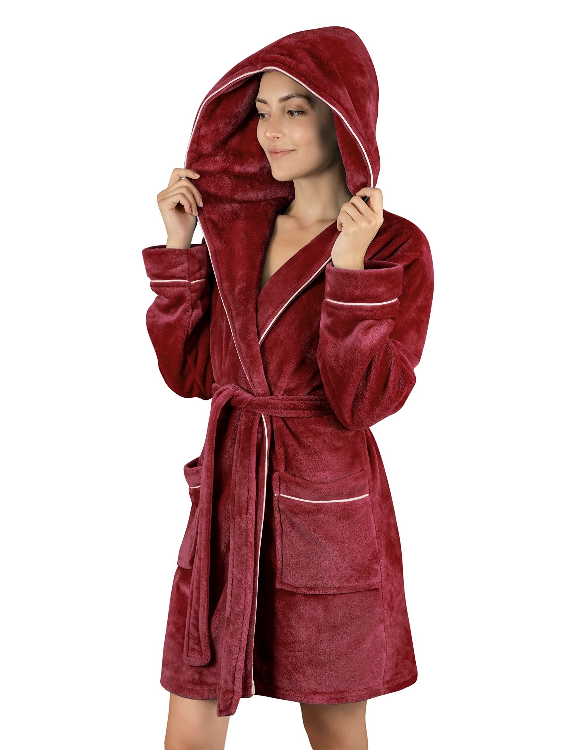 Gräfenstayn Damenbademantel Bademantel Damen flauschig Kapuze Kuschelfleece leicht kurz, warm & kuschelig, Knielang, Fronttaschen, Gürtel, S-XXL