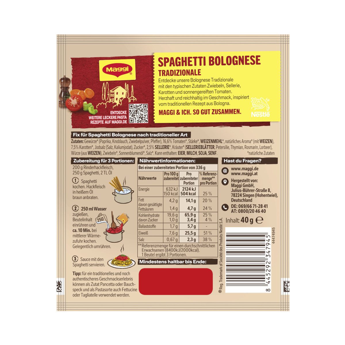 MAGGI Gewürz, Maggi Fix Spaghetti Bolognese Tradizionale Packung 40g