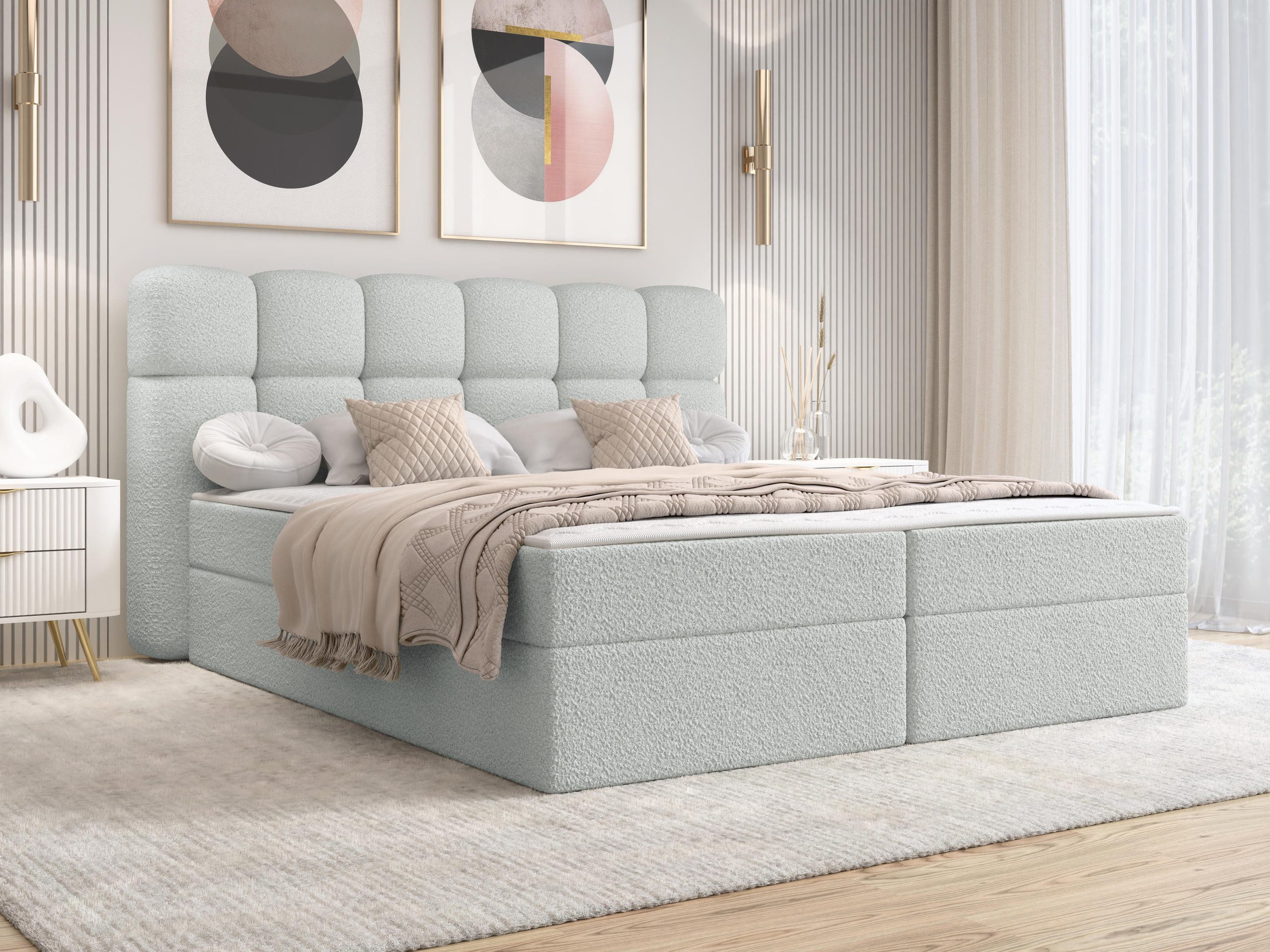 MIRJAN24 Boxspringbett Softi 2 Boucle (zwei Bettkästen für die Bettwäsche), Bonellfederkern H3, 140/160/180x200 cm