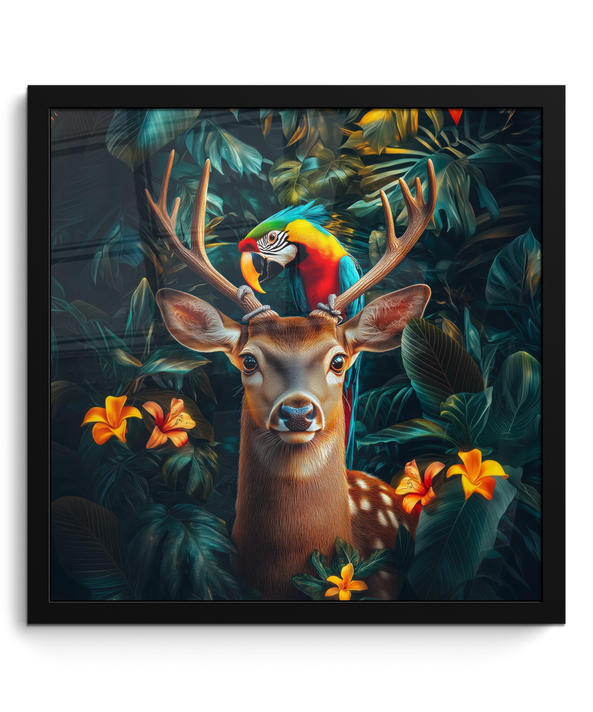 MuchoWow Poster Hirsch - Papagei - Dschungel - Natur - Blumen, (1 St), Bilderrahmen, Wand Dekoration Schlafzimmer, 40x40 cm