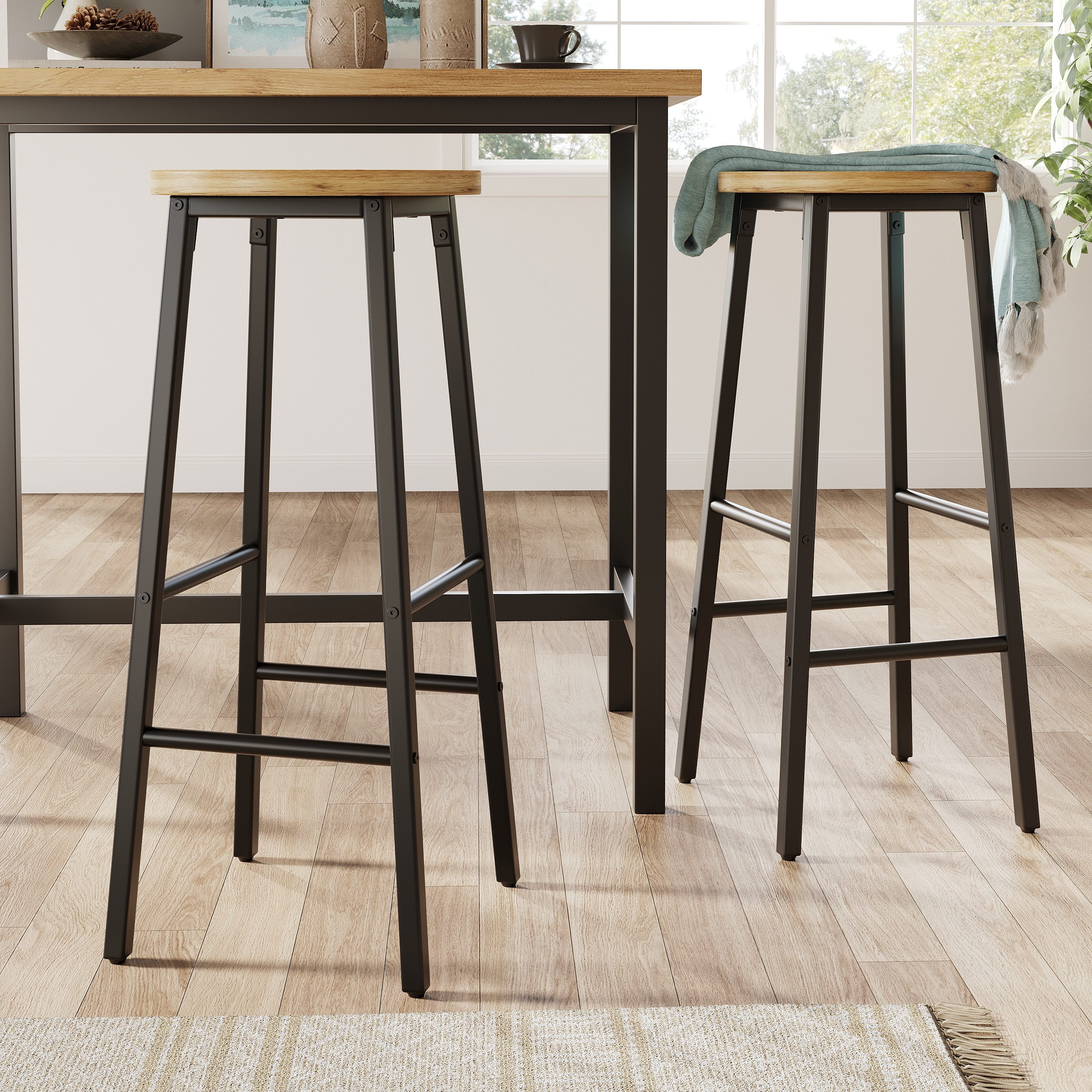 Flieks Barhocker mit runder Sitz in Holzoptik Natur (Set, 2 St., mit verstellbaren Fußpolstern), 2er Set Barstühle Esszimmerstühle, schwarzer Metallbeine, B30xH70 cm