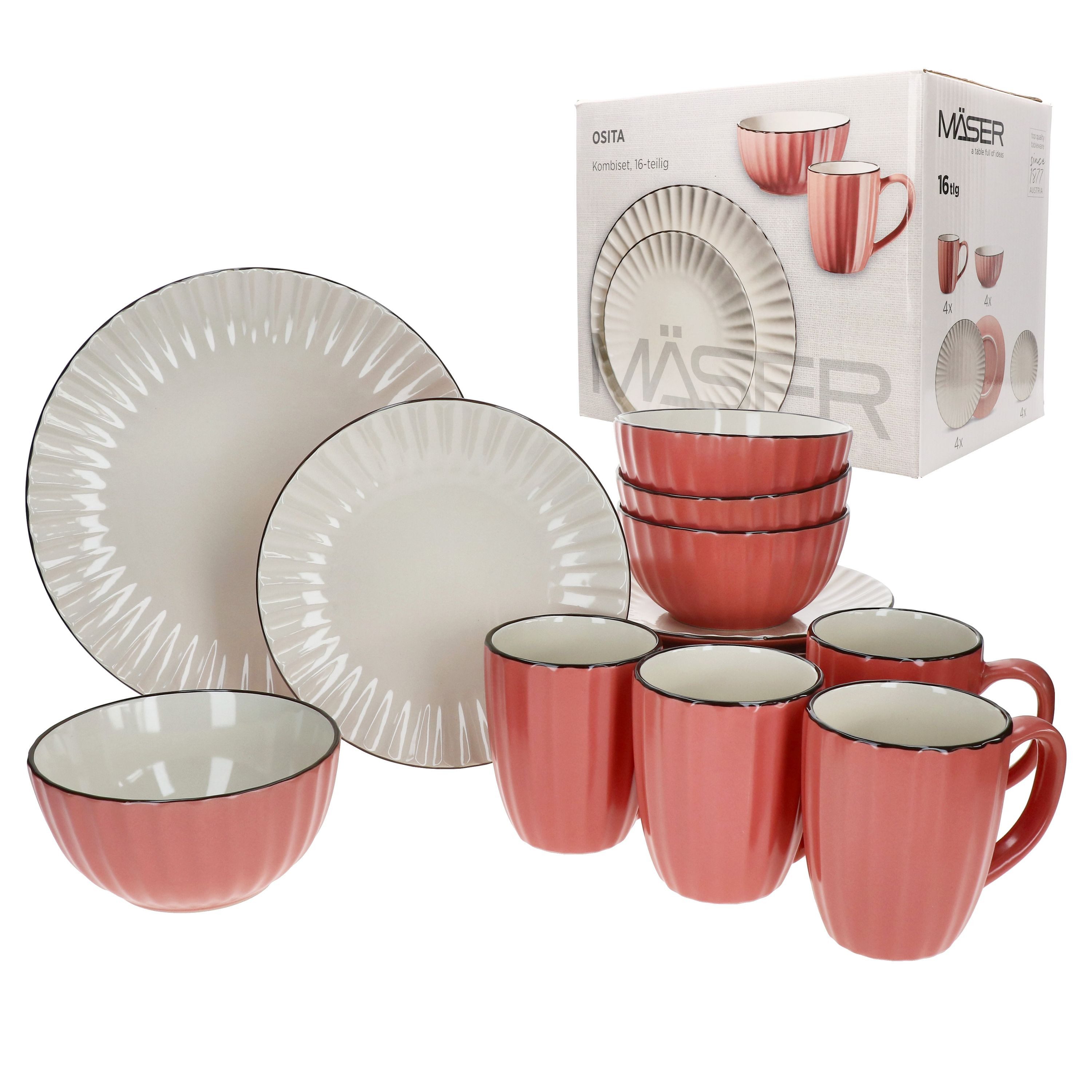MÄSER Kombiservice OSITA Rose Weiß 16tlg Kombiservice Steingut 4 Personen Relief, Steingut