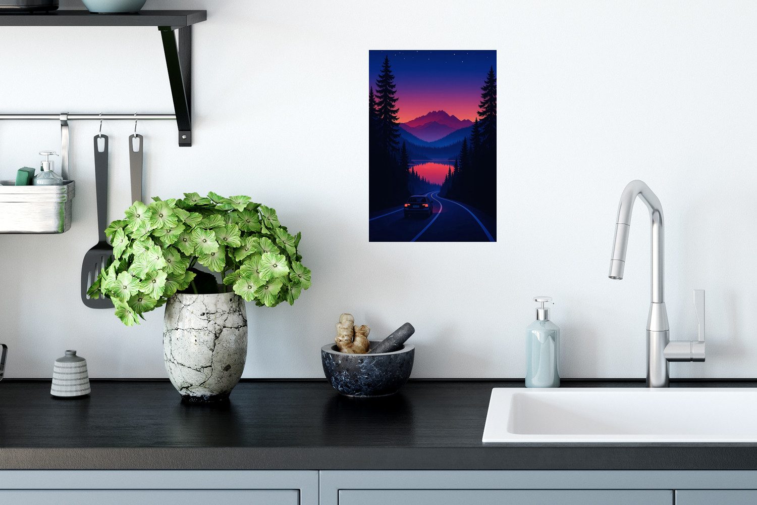 MuchoWow Wandsticker Auto - Dunkle Kiefern - Sonnenuntergang (1 St), Wandaufkleber, Selbstklebend, Wohnzimmer, 20x30 cm