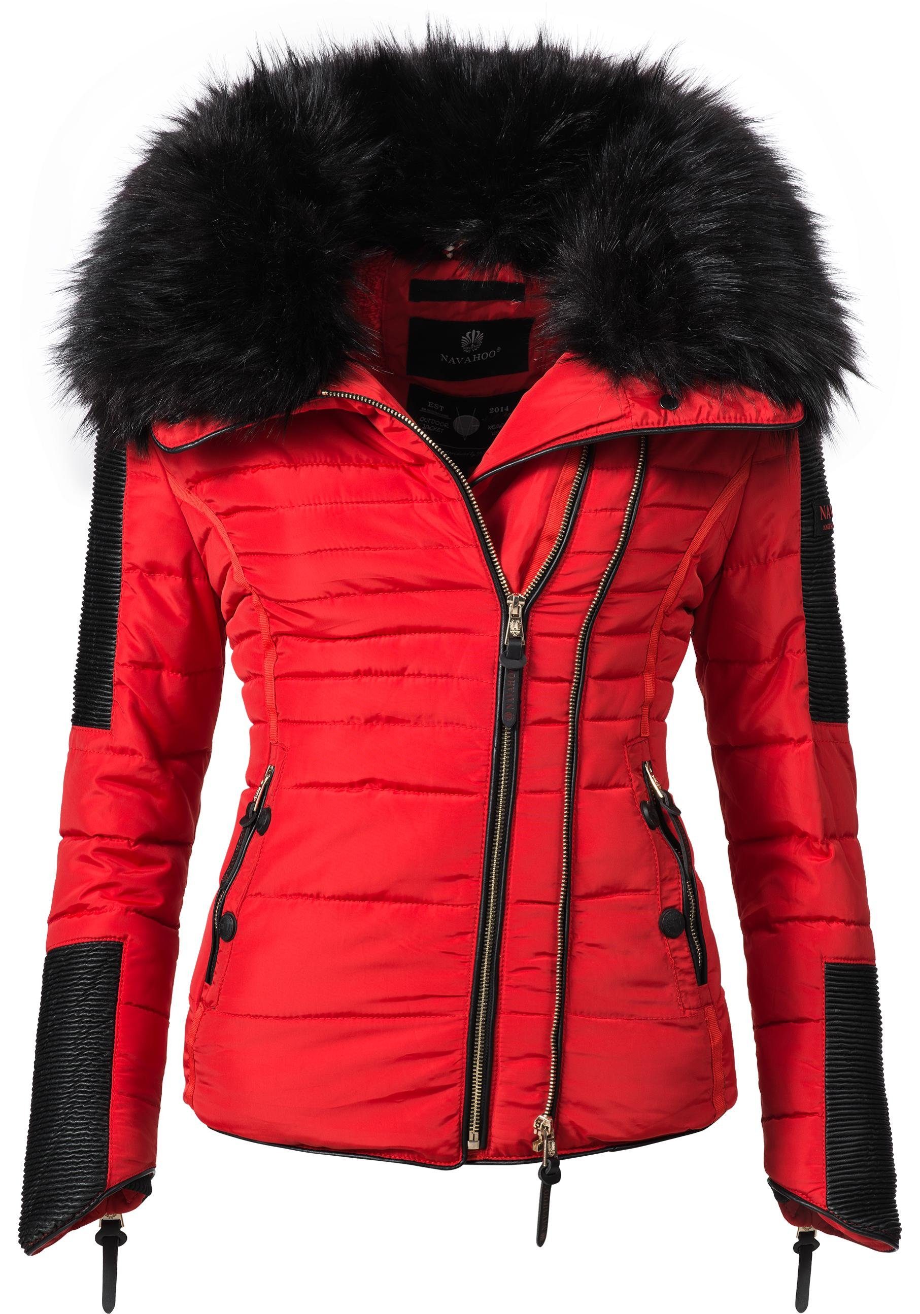 Navahoo Kunstfell-Kragen Winterjacke stylische edlem hellrot Steppjacke mit Yuki2