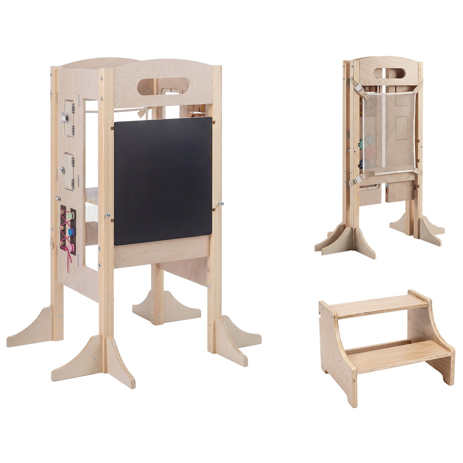 COSTWAY Tritthocker 3in1 Lernturm Klappbar, Montessori Lernstuhl, 3 stufig höhenverstellbar