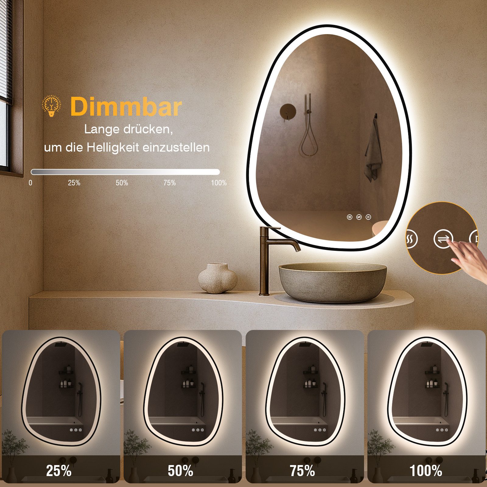 PESENXAN Badspiegel Asymmetrischer Spiegel mit LED-Beleuchtung - Dimmbar, 3 Lichtfarben (1-St), Badezimmerspiegel mit Memory-Funktion, Beschlagfrei, Energiespar – Bild 4 von 5