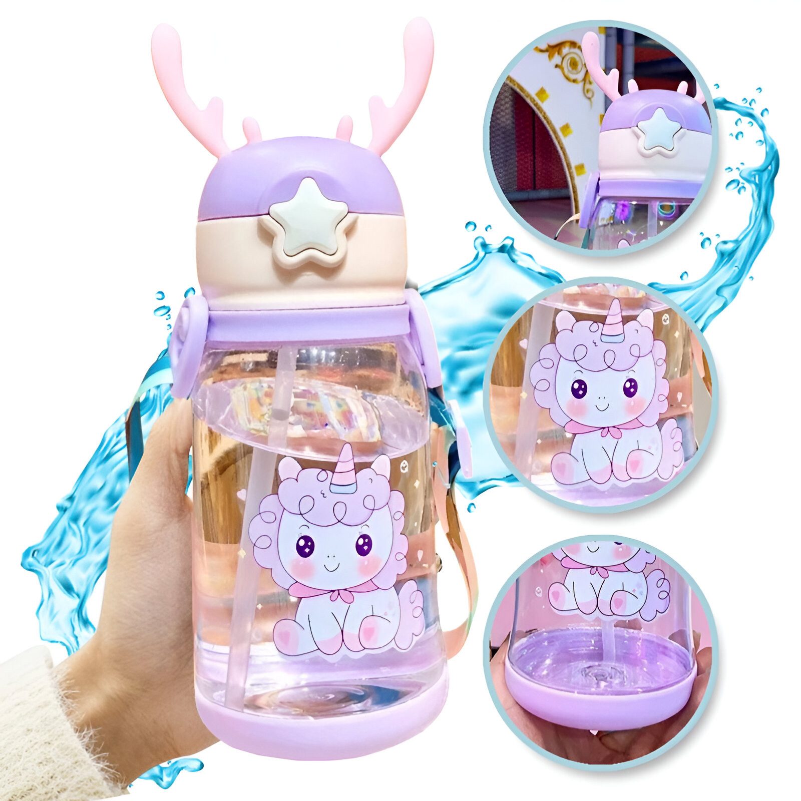 WS-Trend Trinkflasche Einhorn 3D Deckel Kinder Wasserflasche Flasche Gurt Halm 600 ml