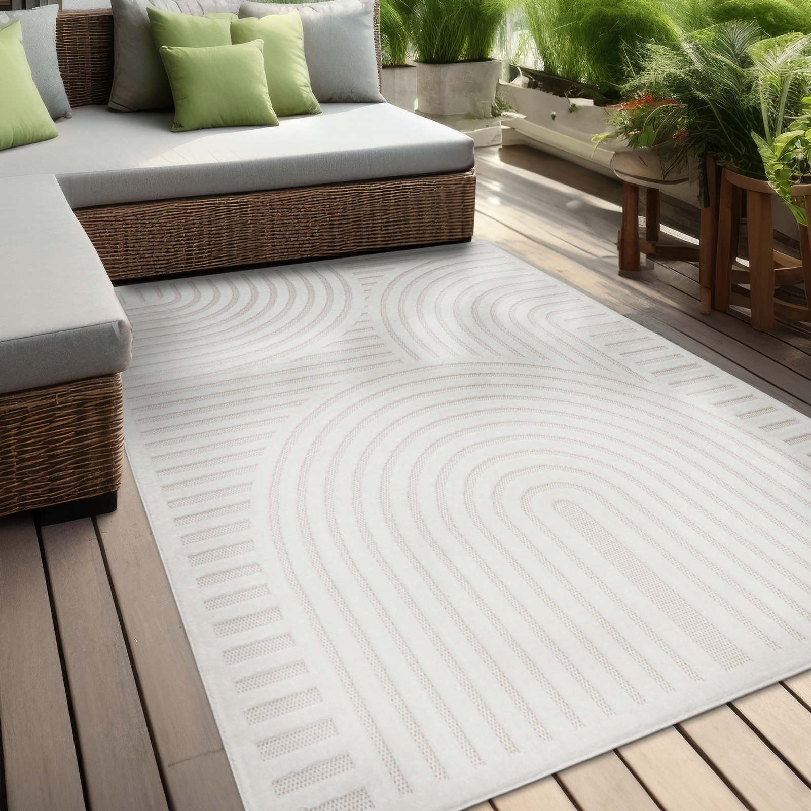 Teppich Indoor und Outdoor Teppich wetterfest Barcelona Wave Boho Style, TaraCarpet, rechteckig, Höhe: 10 mm, Wave Boho weiß Wohnzimmer Schlafzimmer Esszimmer 80X250