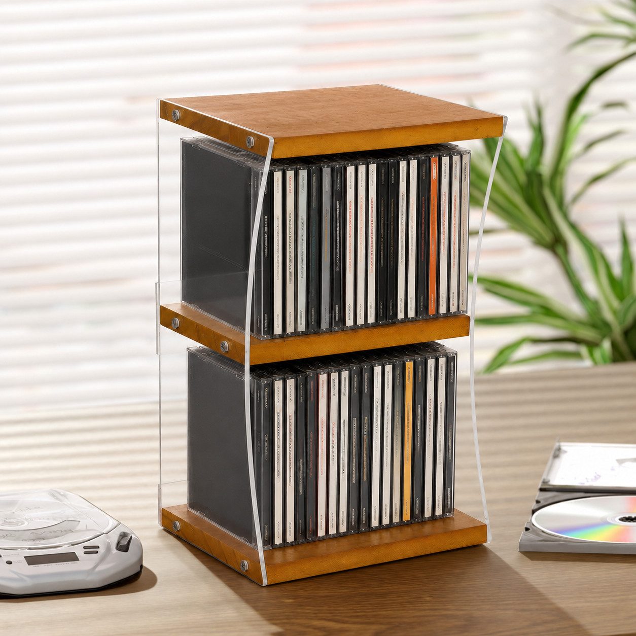 BlingBin CD-Regal 2 Ebenen CD-Aufbewahrung aus Holz und Acryl, CD-Ständer für bis zu 30 CDs 1-tlg., kompakter Medien-Organizer für Regal, Schreibtisch und Musikzimmer