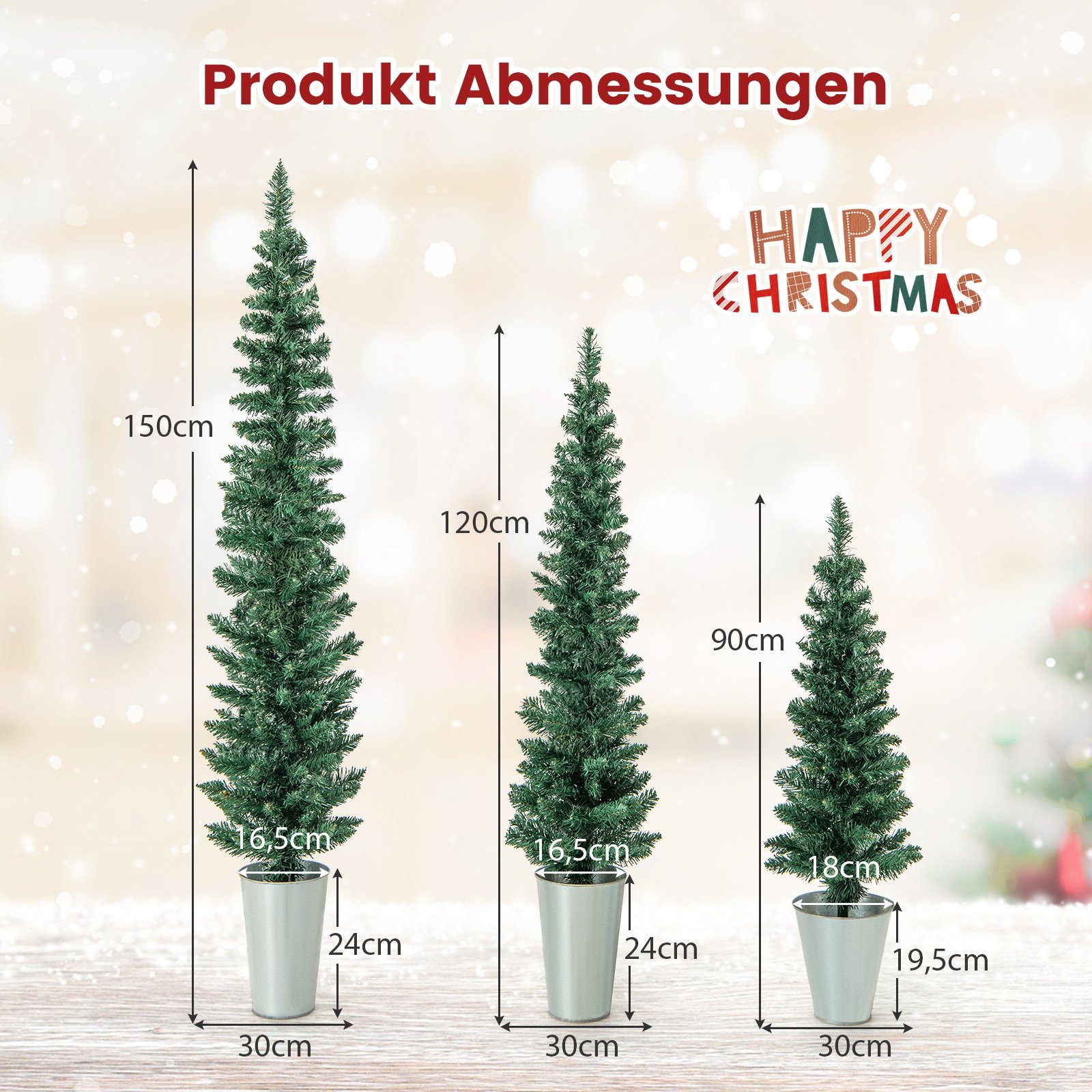 90+120+150cm 3er Weihnachtsbaum, Grün, Silber COSTWAY Tannenbaum Bleistift Künstlicher