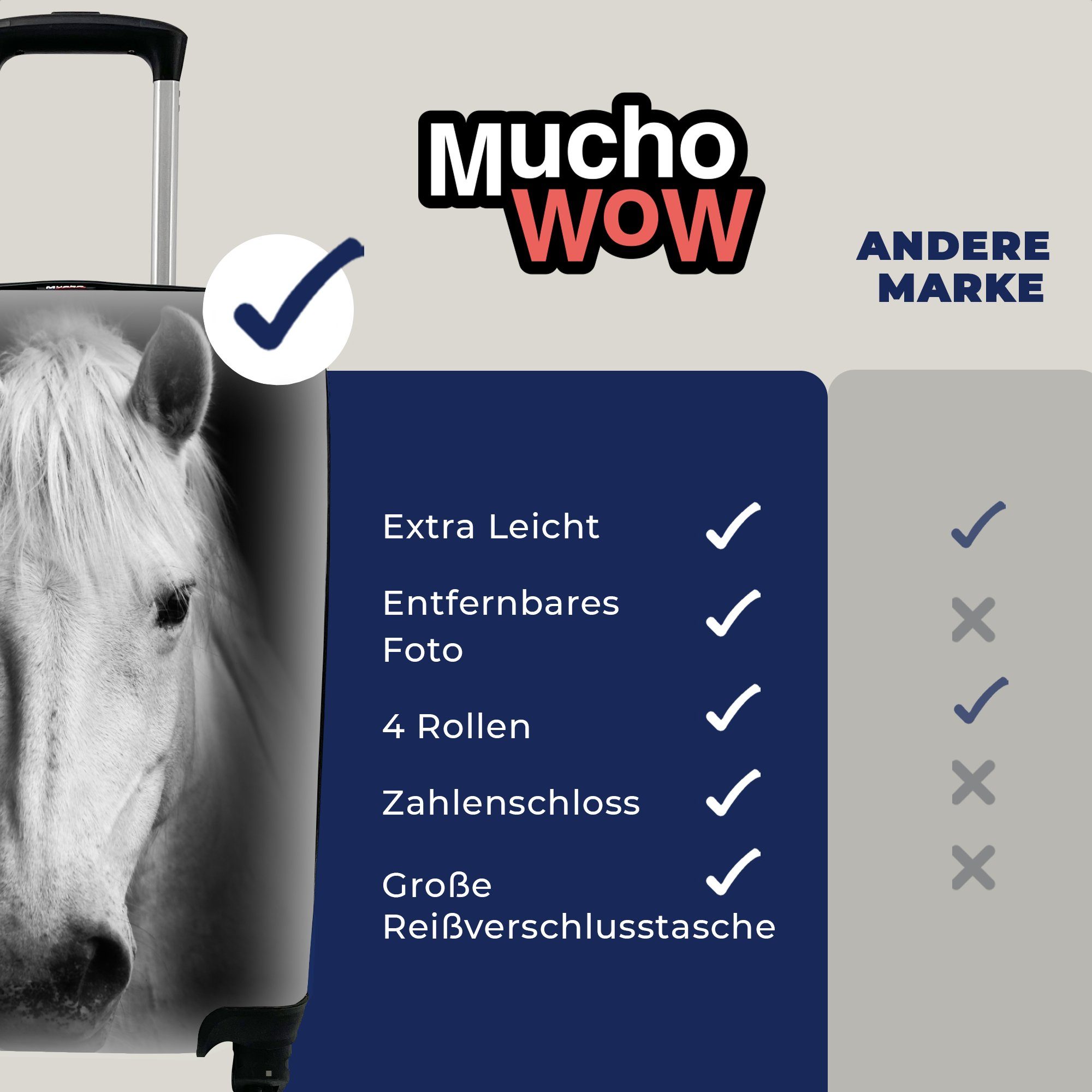 MuchoWow Handgepäckkoffer Pferd - Weiß, Trolley, Reisetasche Reisekoffer für rollen, Rollen, Schwarz Handgepäck Porträt 4 - - mit Ferien