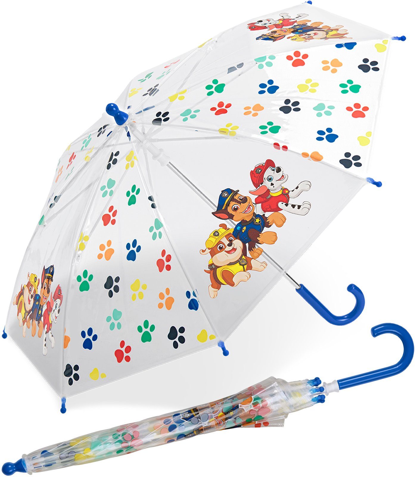 transparent mit Kinder-Stockschirm Paw Patrol Pfoten HAPPY blau Stockregenschirm Motiven durchsichtig, Fellfreunde RAIN