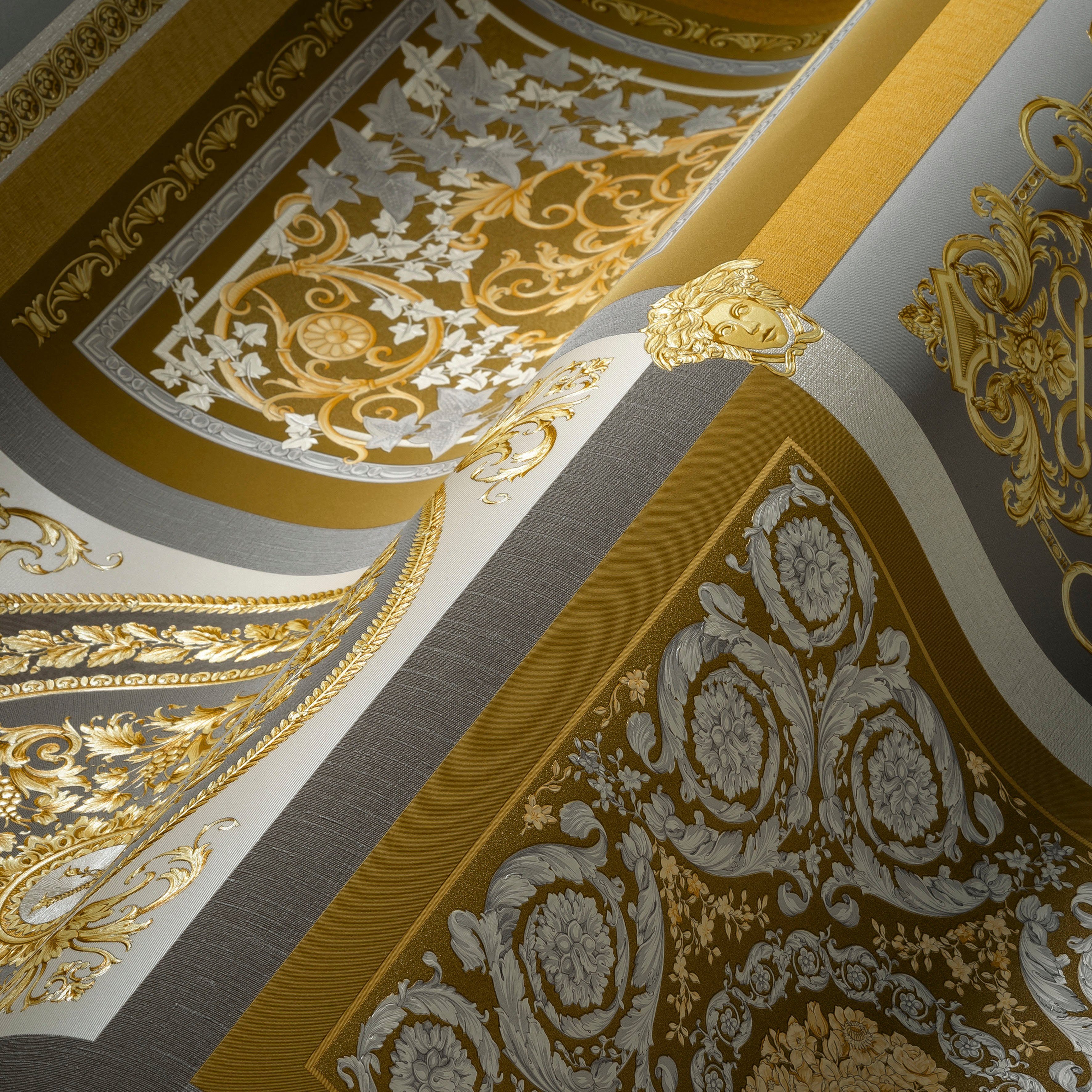 St), (1 leicht Patchwork, 5 goldfarben/silberfarben/grau glänzend, Versace strukturiert, leicht auffallende Versace Vliestapete Design Wallpaper Fliesen-Tapete