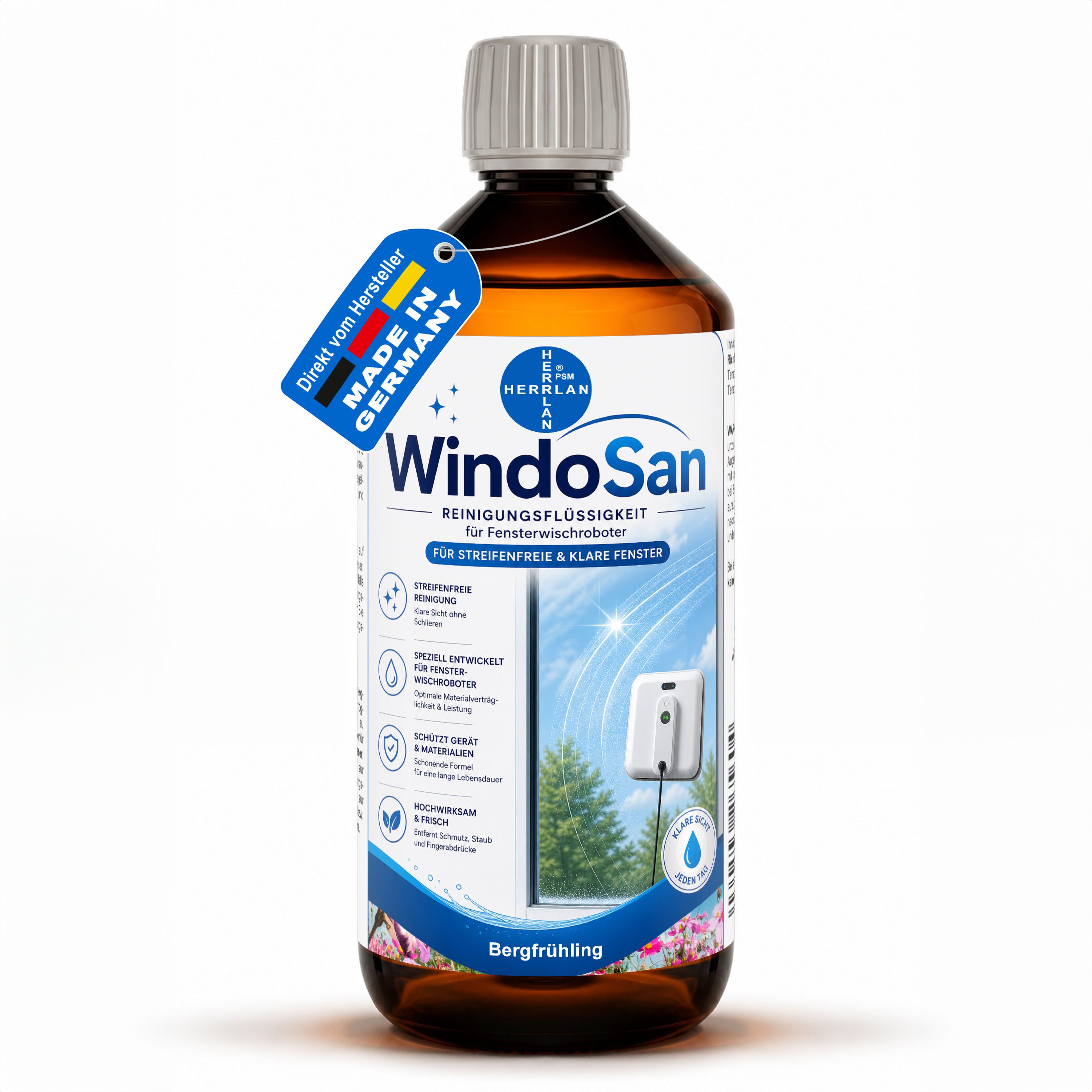 HERRLAN Fensterreiniger WindoSan Reinigungsmittel für Fensterroboter, (1000 ml Bergfrühling) für alle gängigen Fensterputzroboter, Fensterwischroboter.
