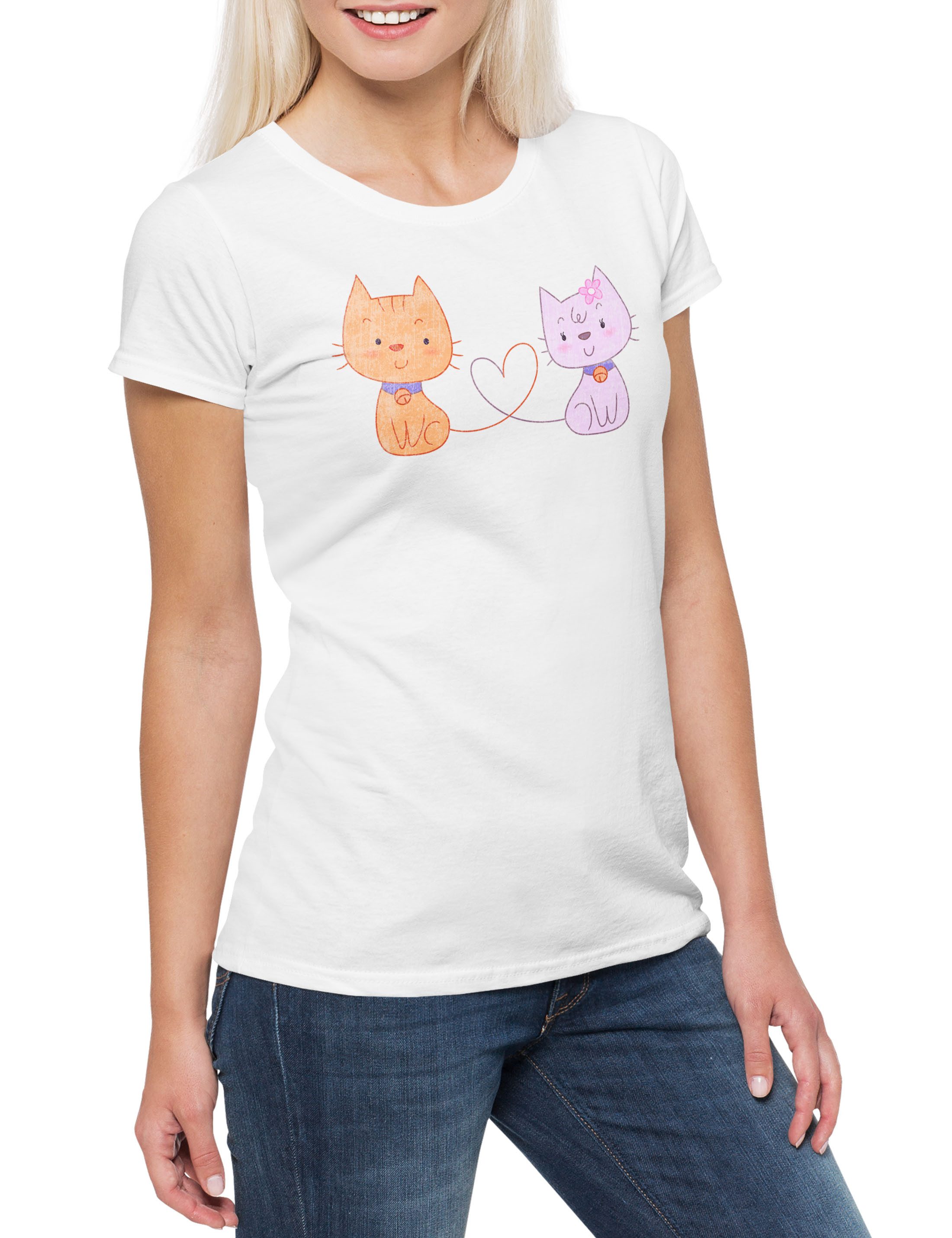 Print-Shirt Cat Cartoon Love Damen T-Shirt Cats Katze Katzen Love Liebe Comic