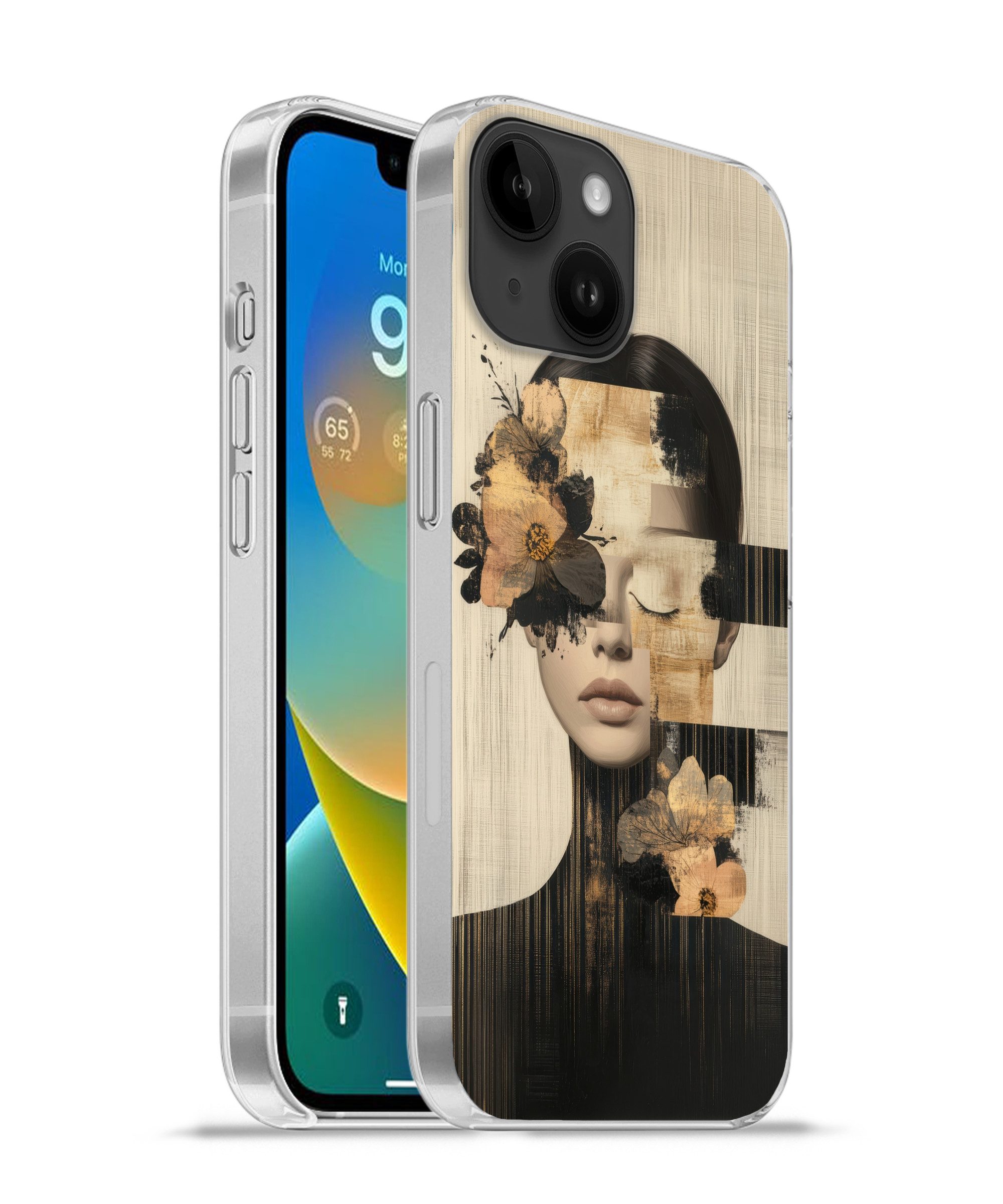 MuchoWow Handyhülle für Apple iPhone 14 Gesicht - Blumen - Schwarz - Frau, Smartphone-Bumper, Print, Handy Schutzhülle Dünn