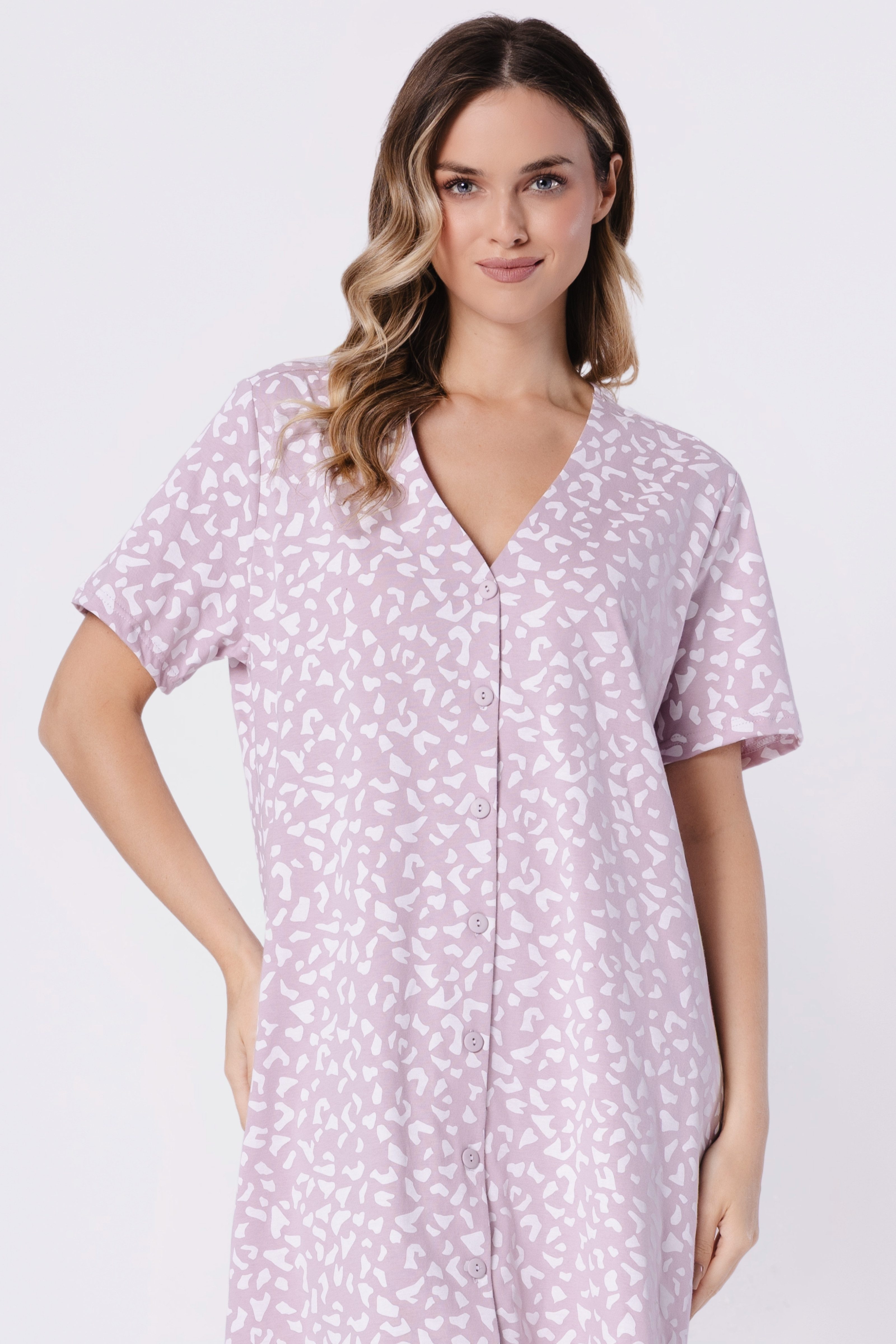 COOLISMO NIGHTWEAR Nachthemd Kurzarm in Altrosa mit weißem Muster elegantes Sleep-Shirt mit durchgehender Knopfleiste