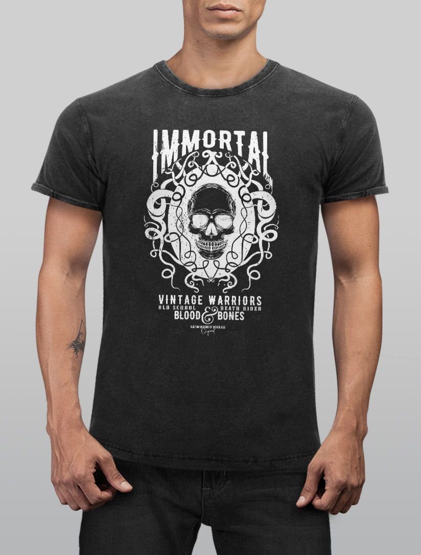 schwarz Look Print Neverless Herren Warriors Fit Slim Used Totenkopf Vintage Vintage T-Shirt Printshirt Skull Neverless® Shirt Print-Shirt mit Aufdruck Immortal