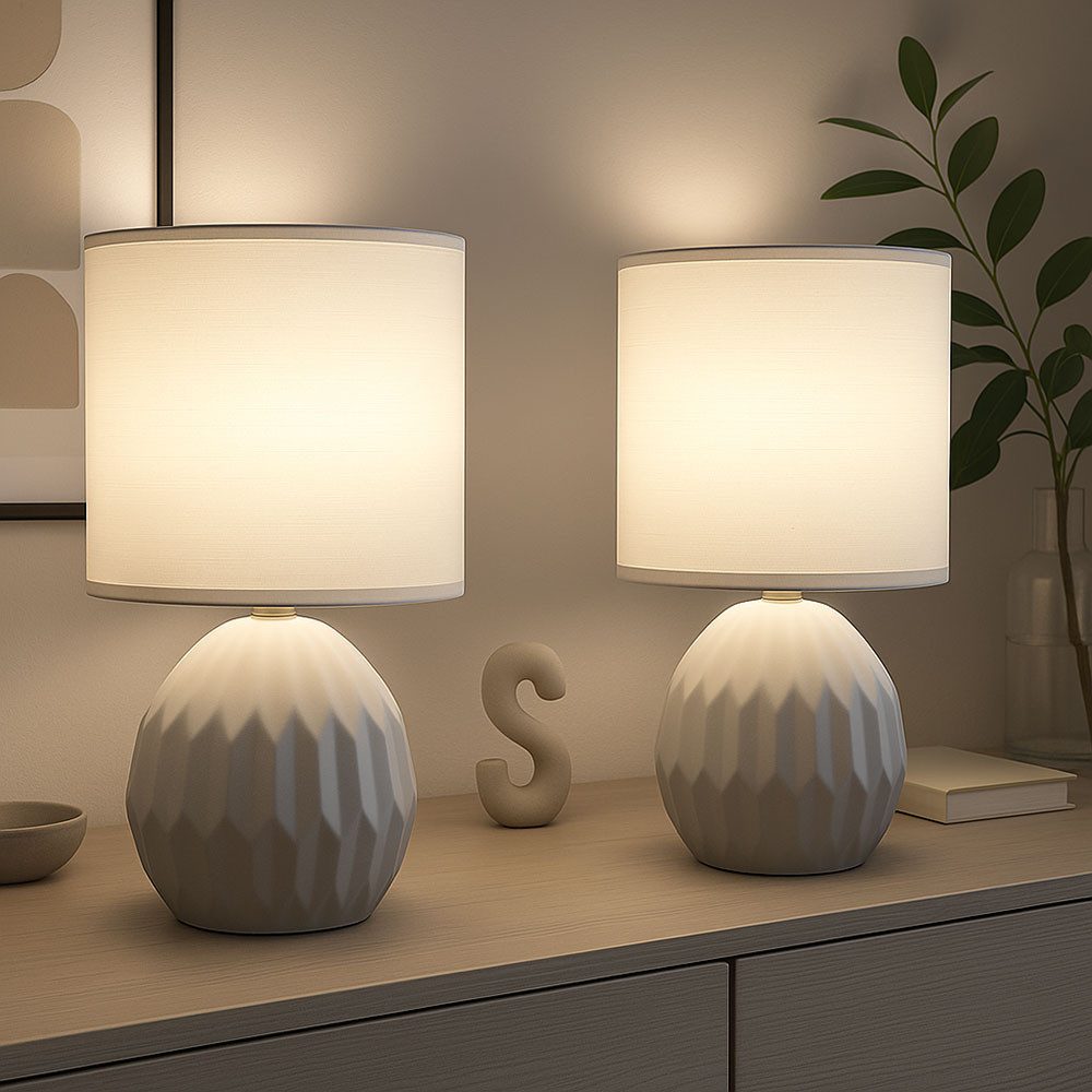 GLOBO LIGHTING Tischleuchte, Leuchtmittel nicht inklusive, Tischlampe Tischleuchte Nachttischlampe Keramik Textil grau H 23 cm 2x