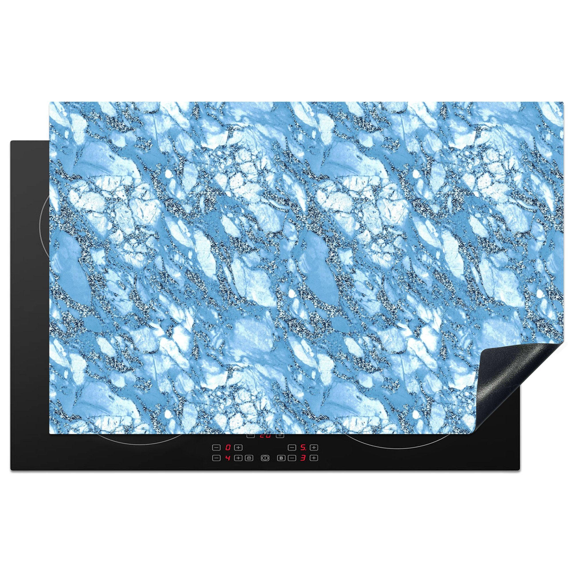 MuchoWow Herdblende-/Abdeckplatte Marmor - Glitter - Blau, Vinyl, (1 tlg), 81x52 cm, Induktionskochfeld Schutz für die küche, Ceranfeldabdeckung