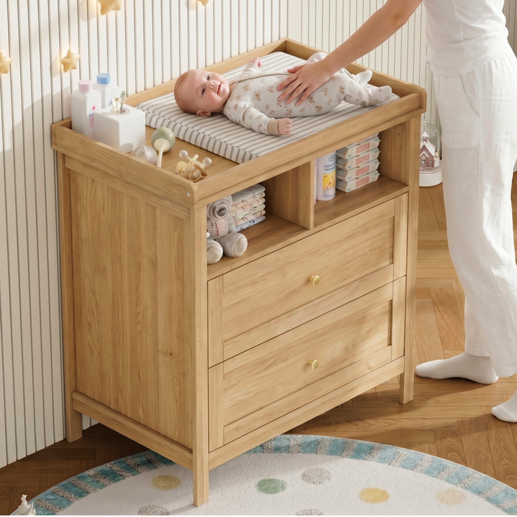 KEFEYA Wickelkommode für Babys & Eltern, abnehmbarer Wickelaufsatz, 2 Schubladen, offene Fächer, Kommode, Babyzimmer, Holzoptik