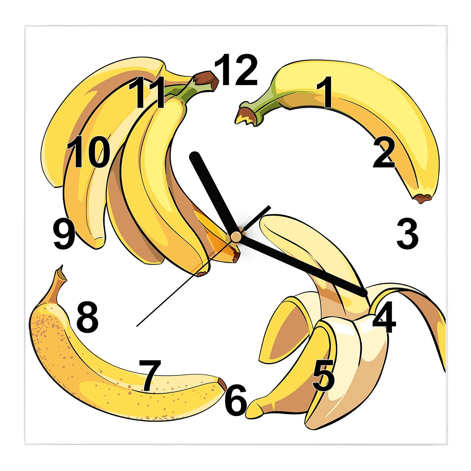 Primedeco Wanduhr Glasuhr Wanduhr Wandkunst Größe 30 x 30 cm mit Motiv Bananen im Cartoon Stiel