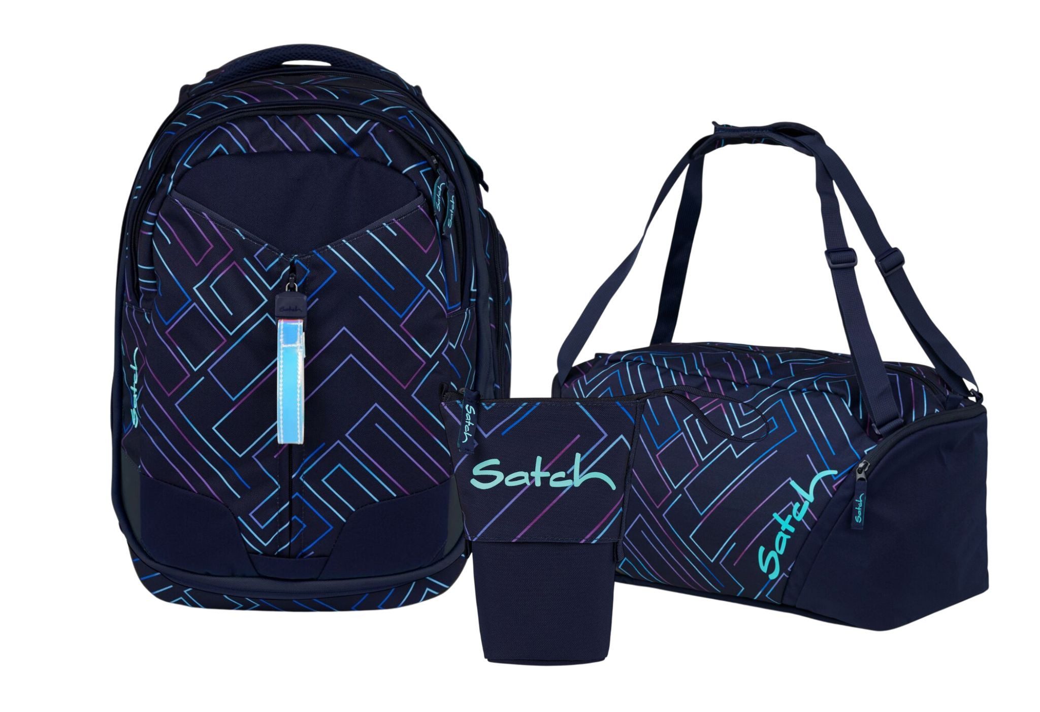 Satch Schulranzen Schulrucksack-Set MATCH Purple Laser 3-teilig (3-teilig), Schulranzen, ergonomisch, 30 + 5 Liter