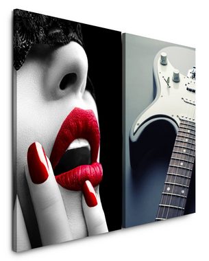 Sinus Art Leinwandbild 2 Bilder je 60x90cm Erotisch Lippen Rot E-Gitarre Nagellack Verführerisch Musik