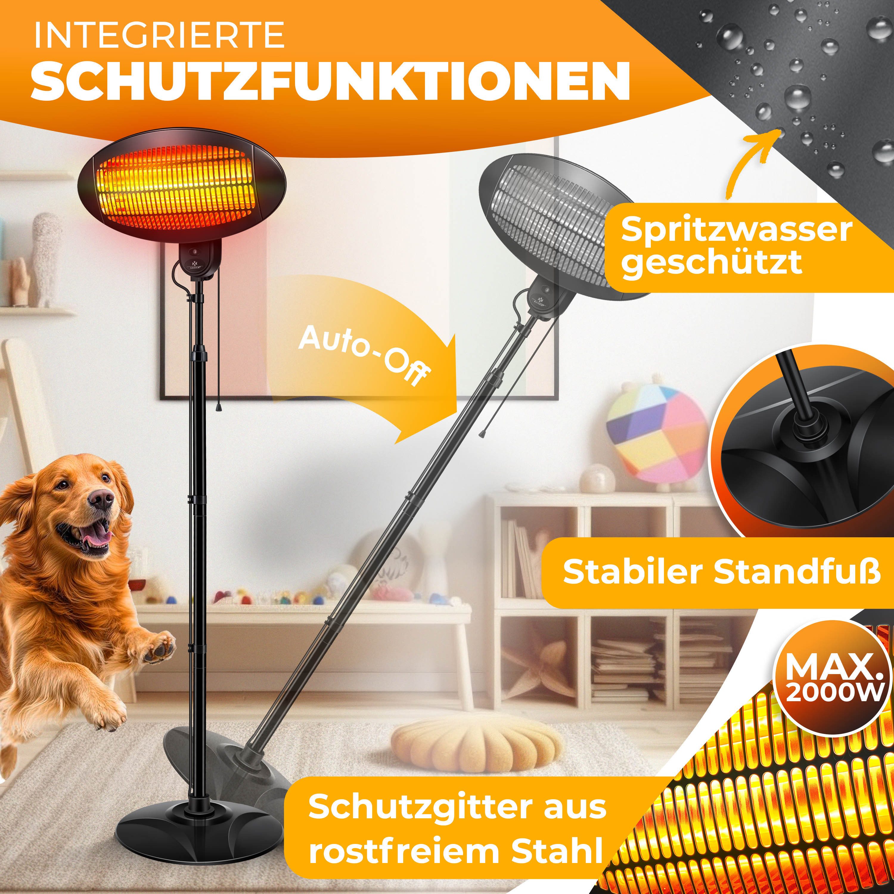 KESSER Heizstrahler Infrarot Heizung Wand + Standgerät höhenverstellbar In- & Outdoor, 2000 W, Wärmestrahler mit Kippschutz, IPX4-Spritzwasserschutz & 3 Heizstufen