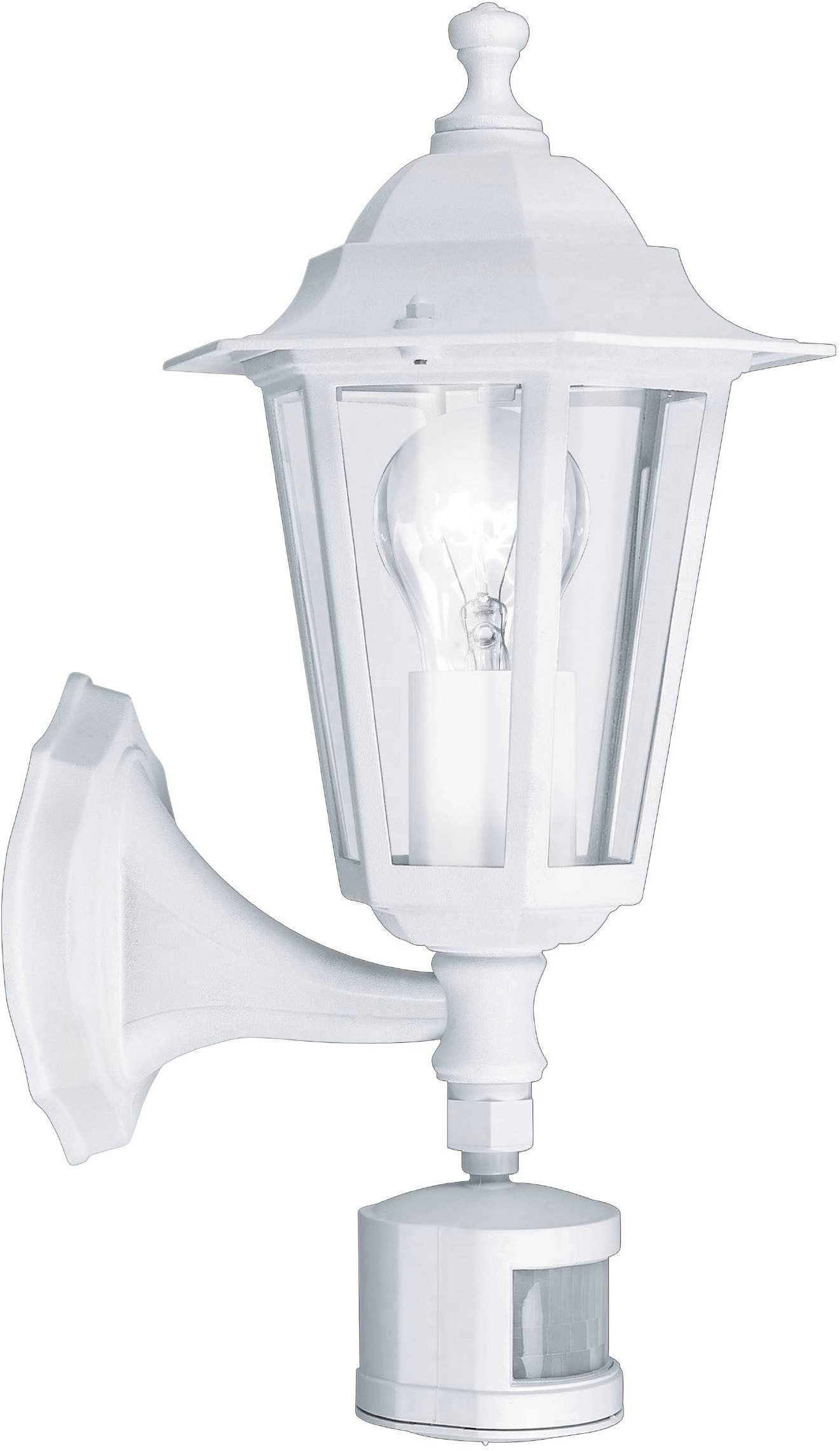 EGLO Wandleuchte Laterna 5 Außen-Wandlampe, Außenleuchte, Aluguss und Glas, E27, IP44, Bewegungsmelder, Sensorschalter, ohne Leuchtmittel, Wand-/Deckenleuchte - L16,5 x H36 x AL21,5 cm - weiß - 1X60W exkl.