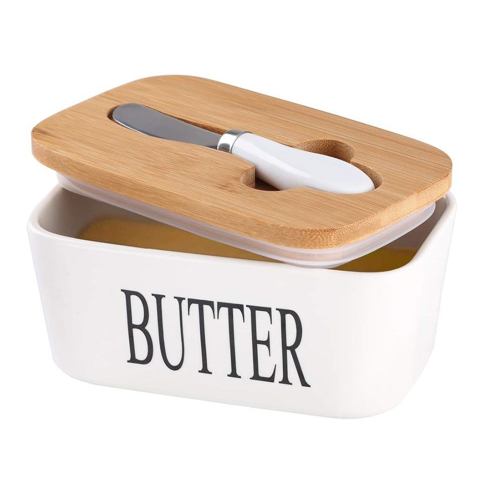 Fine Life Pro Butterdose Butterdose mit Buttermesser & Holzdeckel – 600ML, versiegelt