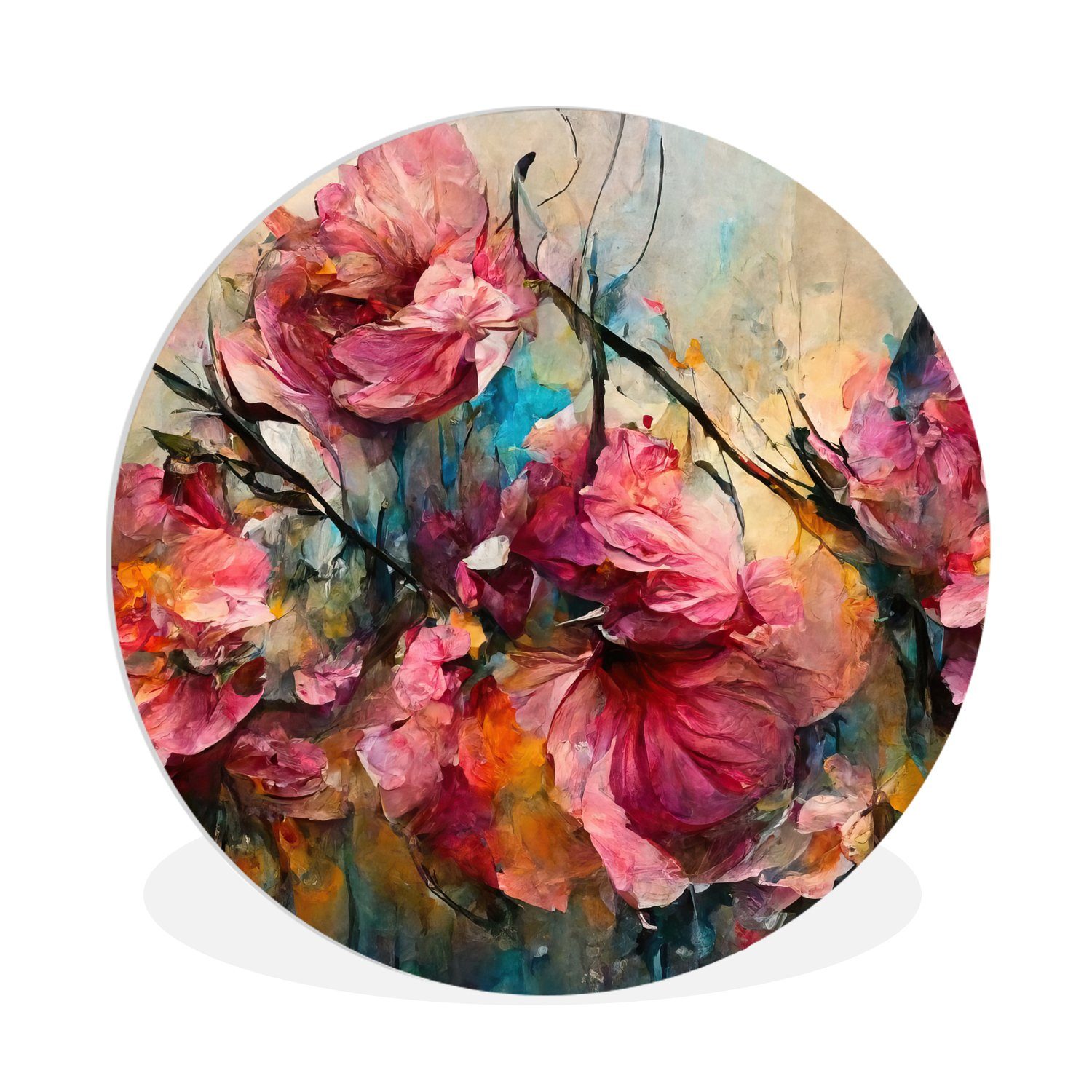 MuchoWow Gemälde Kunst - Blumen - Rosa - Rosen - Natur, Fotodruck (1 St), Kreis Wanddekoration, Rundes Wandbild, 30x30 cm