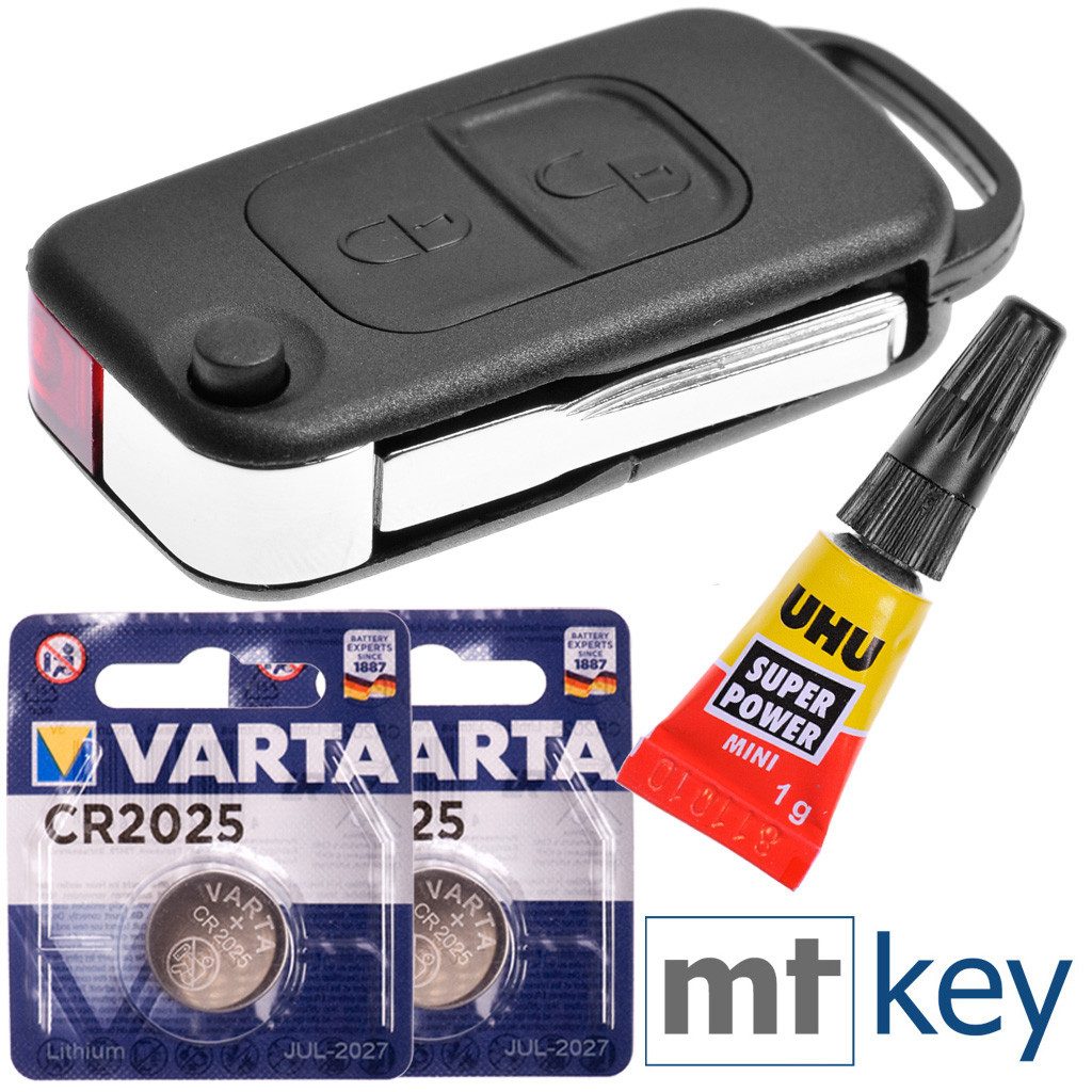 mt-key Auto Schlüssel 2 Tasten + HU44 Rohling + 1x Kleber + 2x VARTA CR2025 Knopfzelle, CR2025 (3 V), für Mercedes W168 R170 W414 W903 Chrysler Funk Fernbedienung