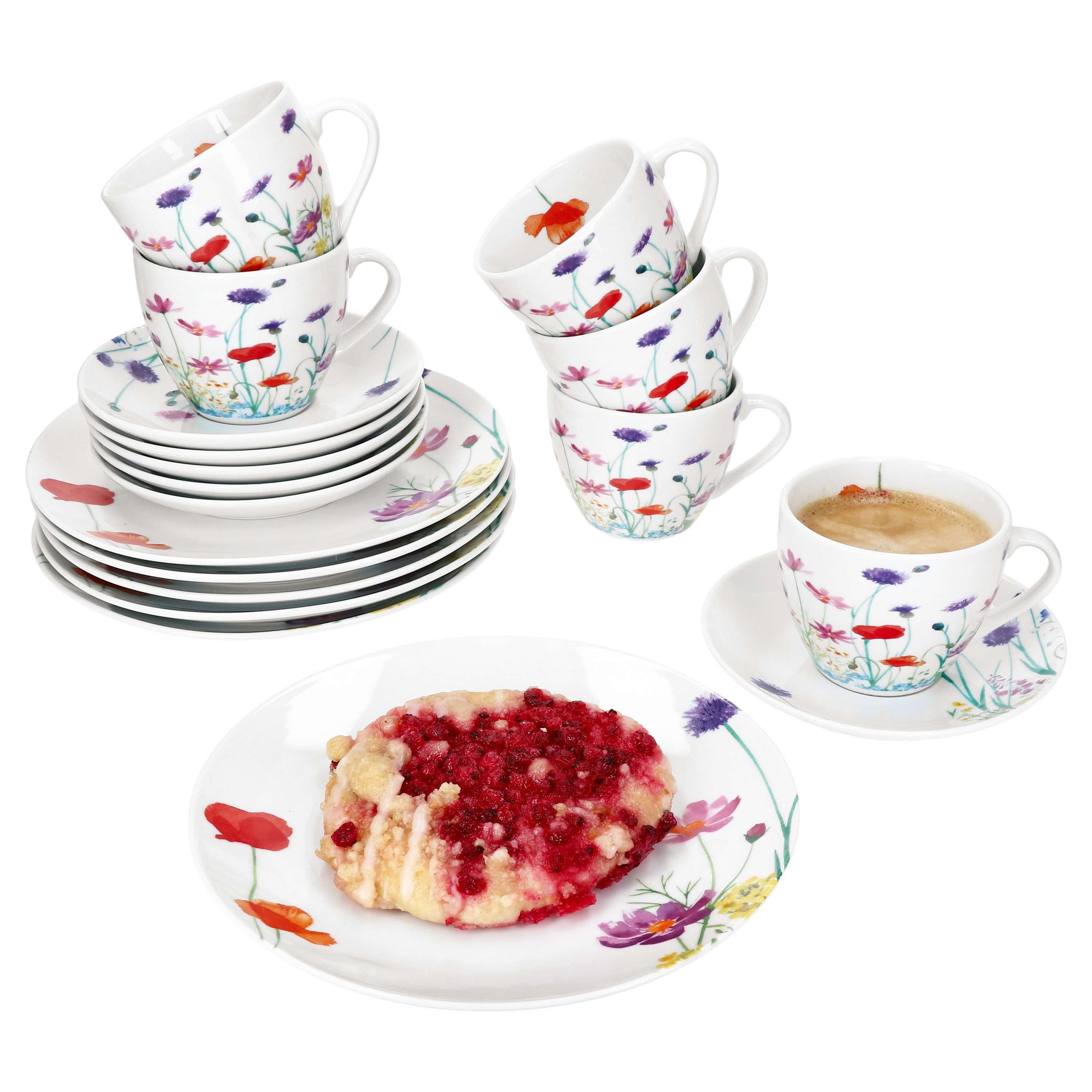 MamboCat Kaffeeservice 18tlg Kaffeeservice Marie Porzellan 6 Personen Blumen, Porzellan