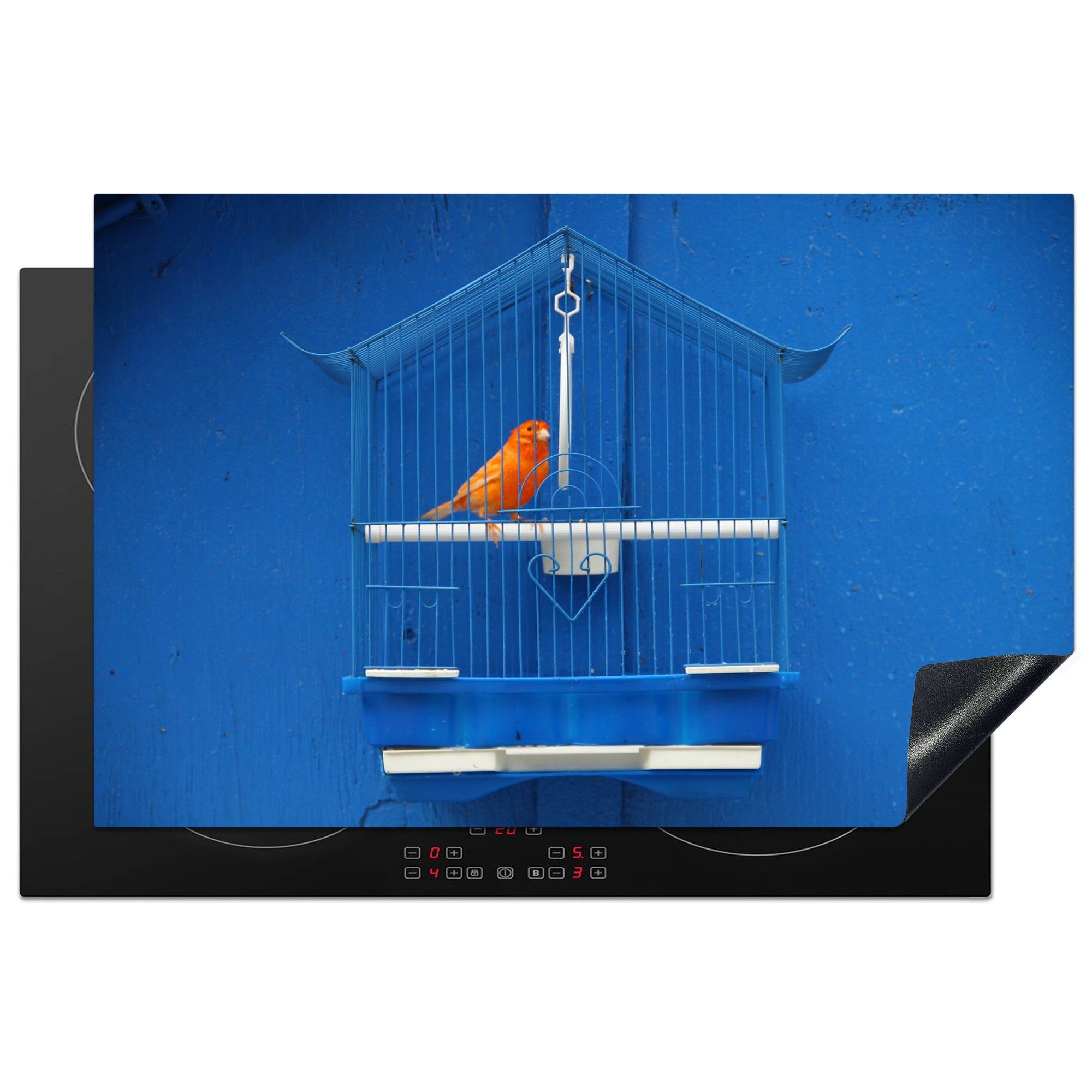 MuchoWow Herdblende-/Abdeckplatte Kanarienvogel in einem Käfig vor einer blauen Wand, Vinyl, (1 tlg), 81x52 cm, Induktionskochfeld Schutz für die küche, Ceranfeldabdeckung