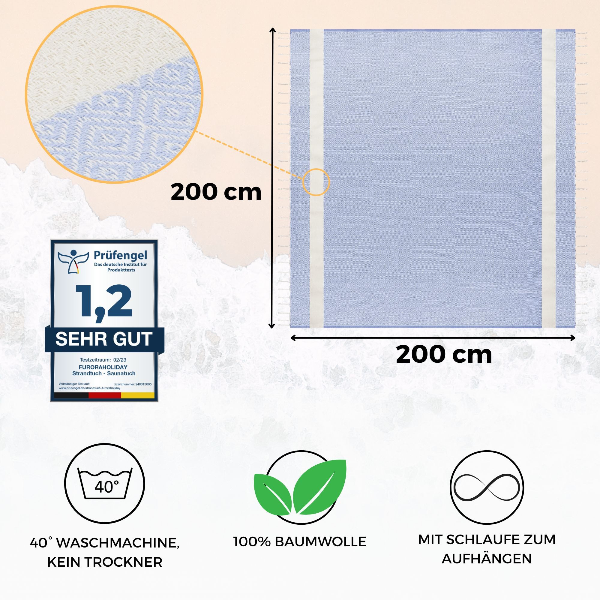furora HOLIDAY Strandtuch XXL groß 200x200 cm Strand Tuch, aus Baumwolle, Stranddecke, Vielseitig, schöne Farben, hochwertige Verarbeitung