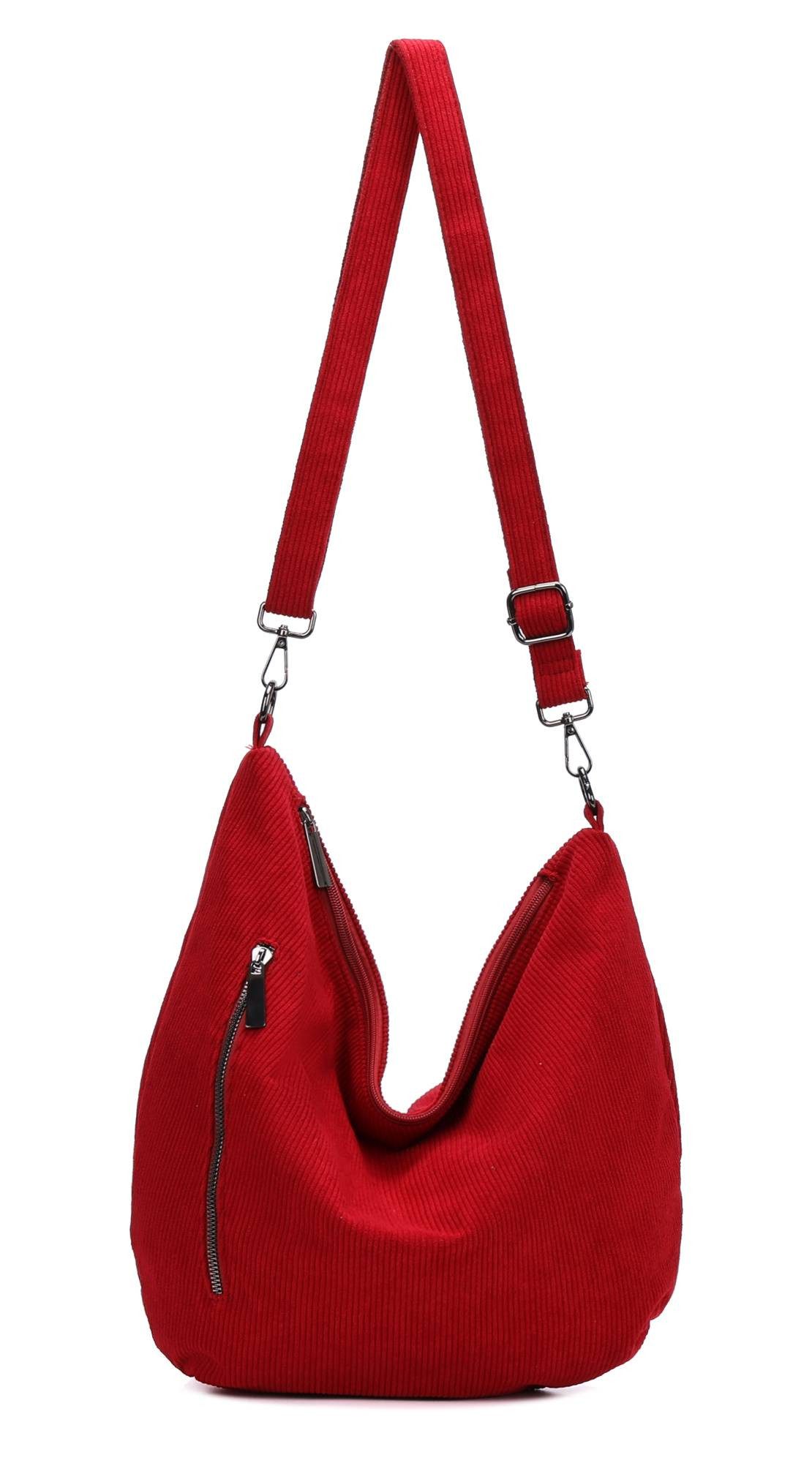 ITALYSHOP24 Schultertasche Damen Halbmond Tasche aus Cord CrossOver Body Bag Umhängetasche, Runde Cordtasche Asymmetrisches MOON Brust Slingtasche Wildlederoptik