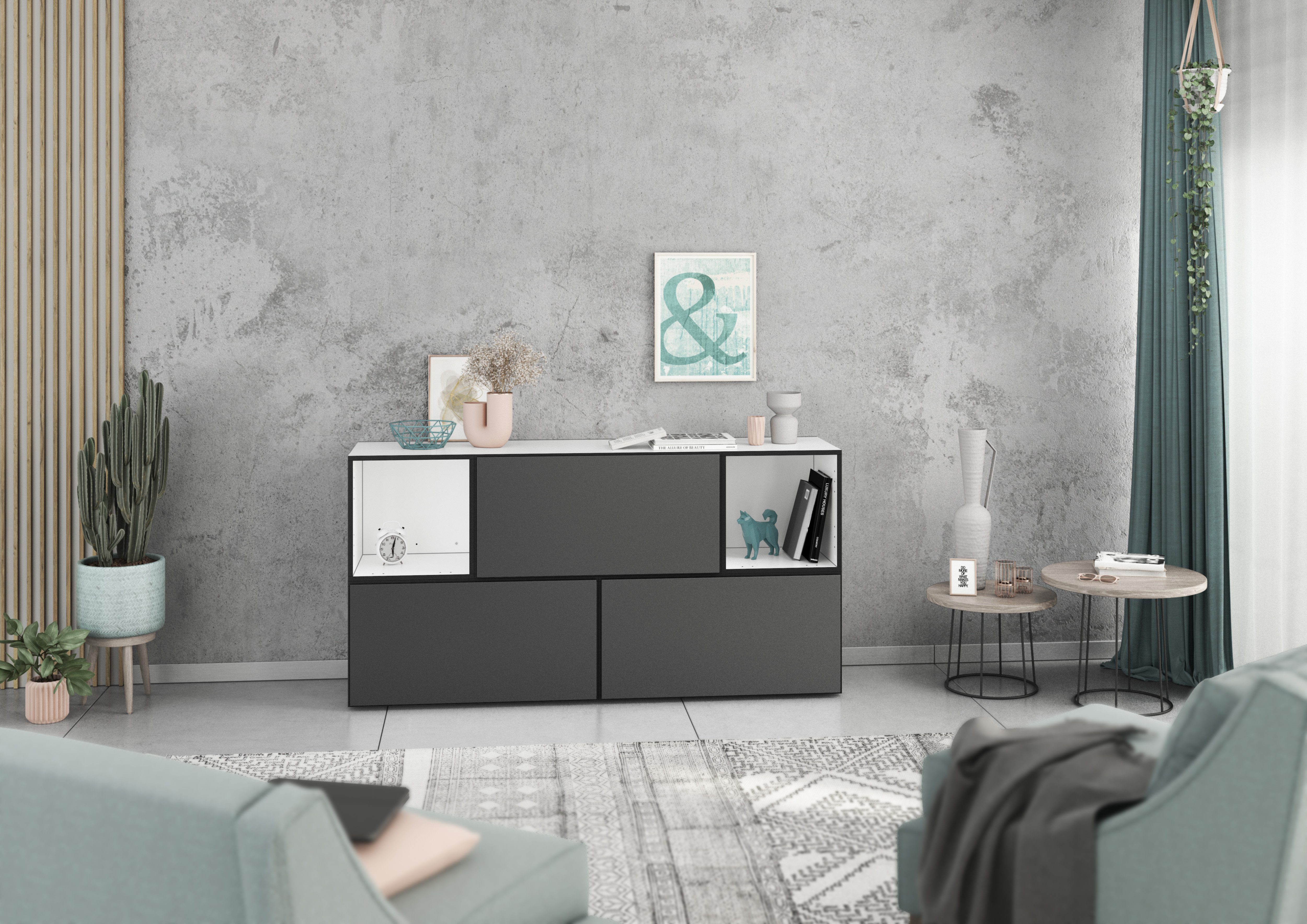 BMG Möbel Sideboard Modul+ (Lowboard 5 tlg. 152 cm breit, bestehend aus 3x Schrank mit Klappe, 2x offenes Würfelregal), MDF tiefgezogene Fronten mit Soft-Close, Made in Germany