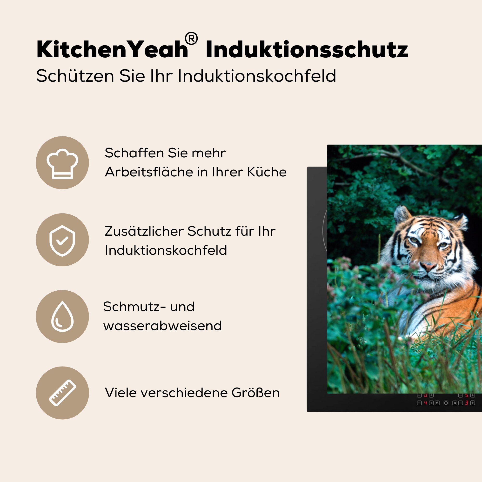 Herdblende-/Abdeckplatte - Schutz Vinyl, - tlg), für die MuchoWow Induktionskochfeld Grün, Gras (1 cm, küche, 81x52 Tiger Ceranfeldabdeckung
