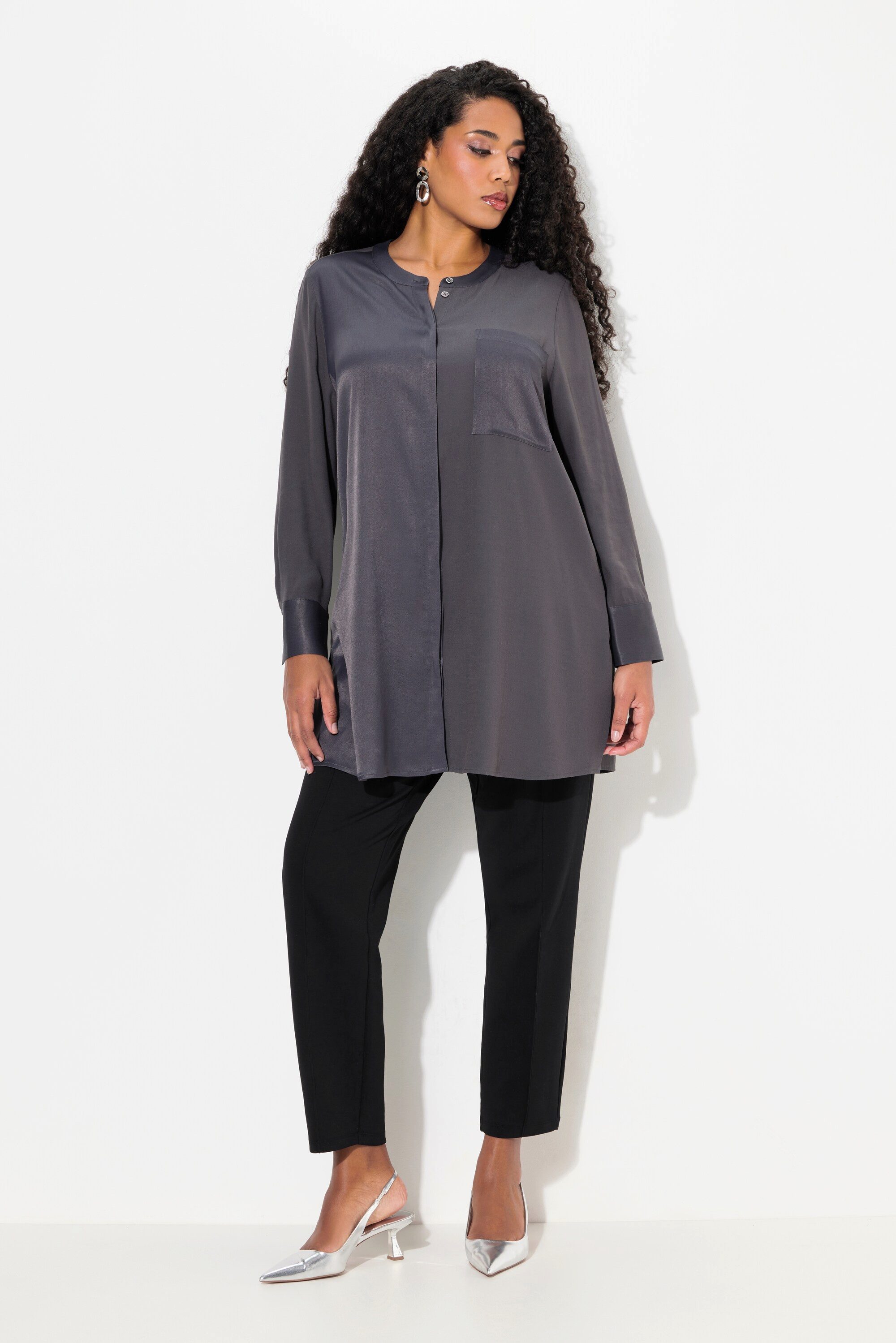 Ulla Popken Tunika Satintunika Patchlook Stehkragen günstig online kaufen