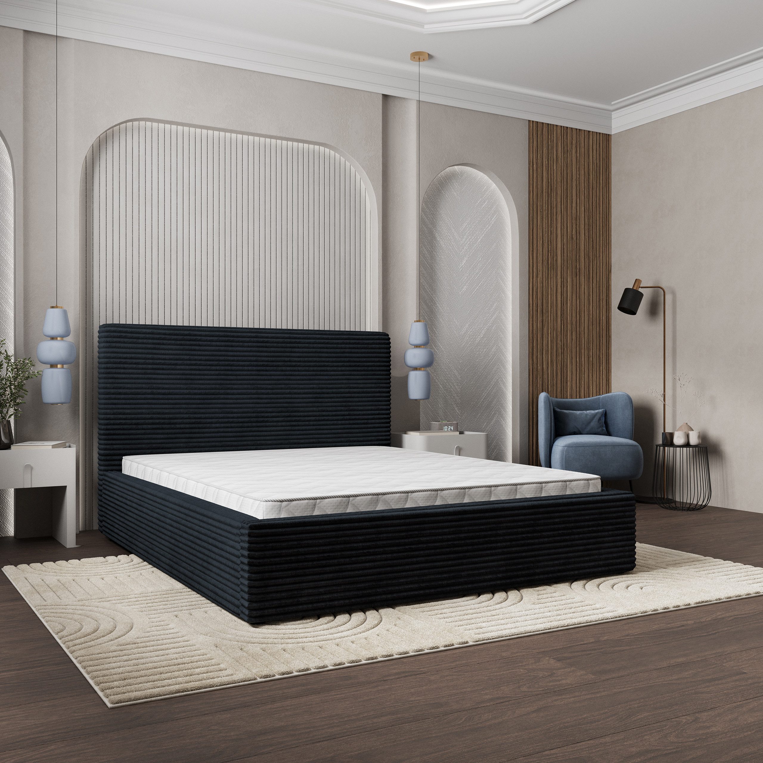 Masseno Polsterbett MIRETTI 140x200 cm schwarz (mit Bettkasten und Lattenrost)