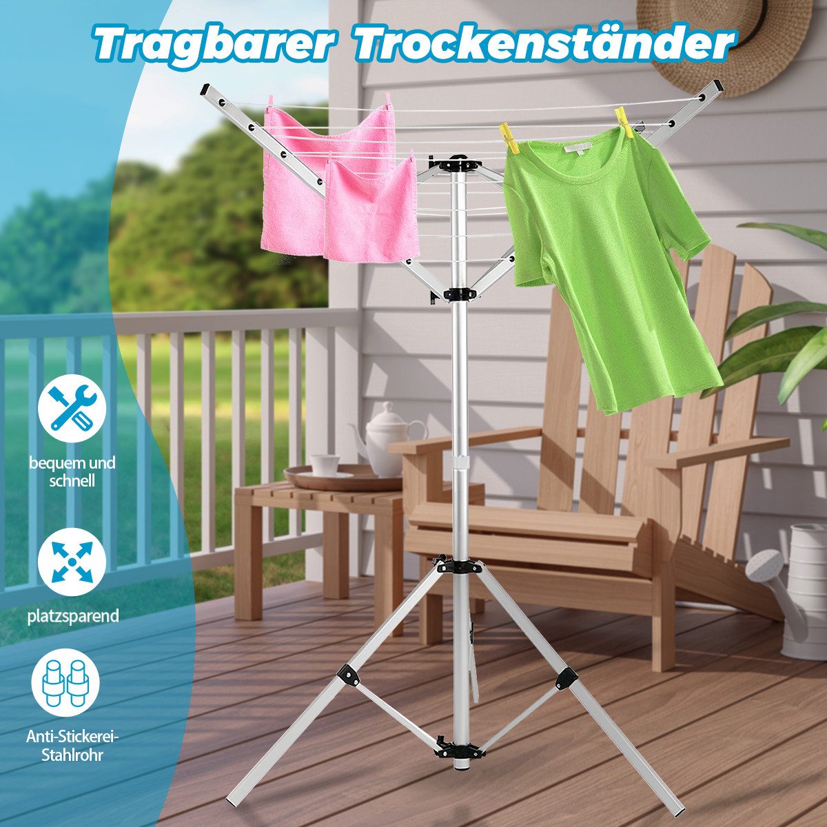 PFCTART Kleiderständer Faltbare Wäschespinne mit 15 m Leinenlänge, (Set, 1 St., Für Camping, Balkon & Garten – wäscheständer klein, ausziehbar), Leichtes Aluminium-Stativ – mobil, stabil & wäschespinne