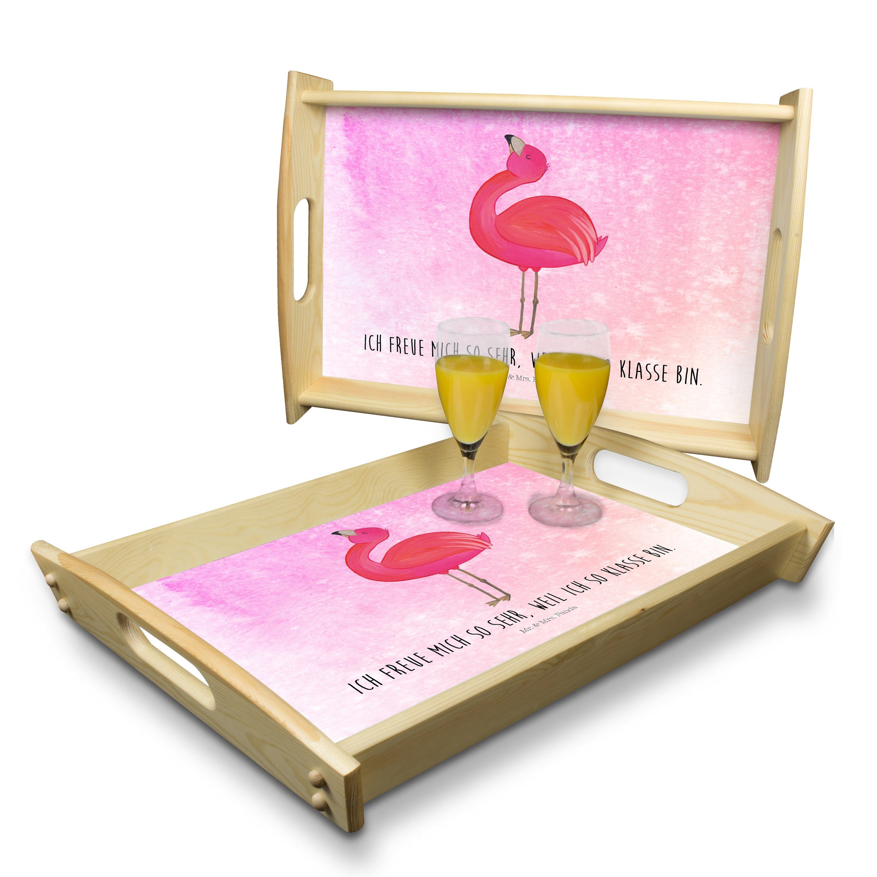 Mr. & Mrs. Panda Tablett - stolz lasiert, (1-tlg) Holztablett, Geschenk, Flamingo Echtholz - Küchentablett, Aquarell Pink