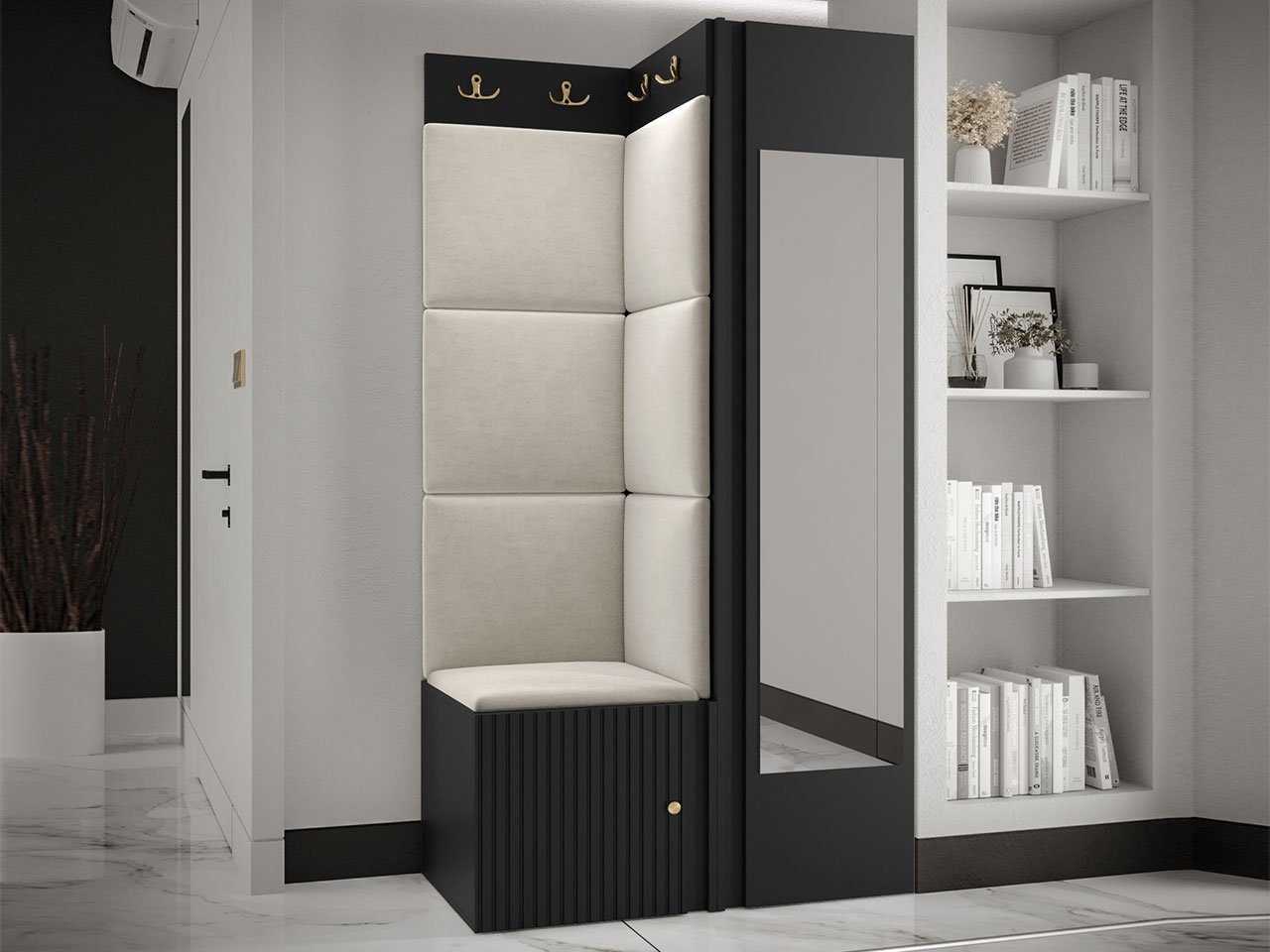 MIRJAN24 Garderoben-Set Orion Ryfel Slim XXVI, (Kleiderschrank, Schuhschrank, Kleiderhakenbrett, 7x Paneel 42x42), Spiegel, 6 Kleiderhaken für Kleidung, Metallgriffe