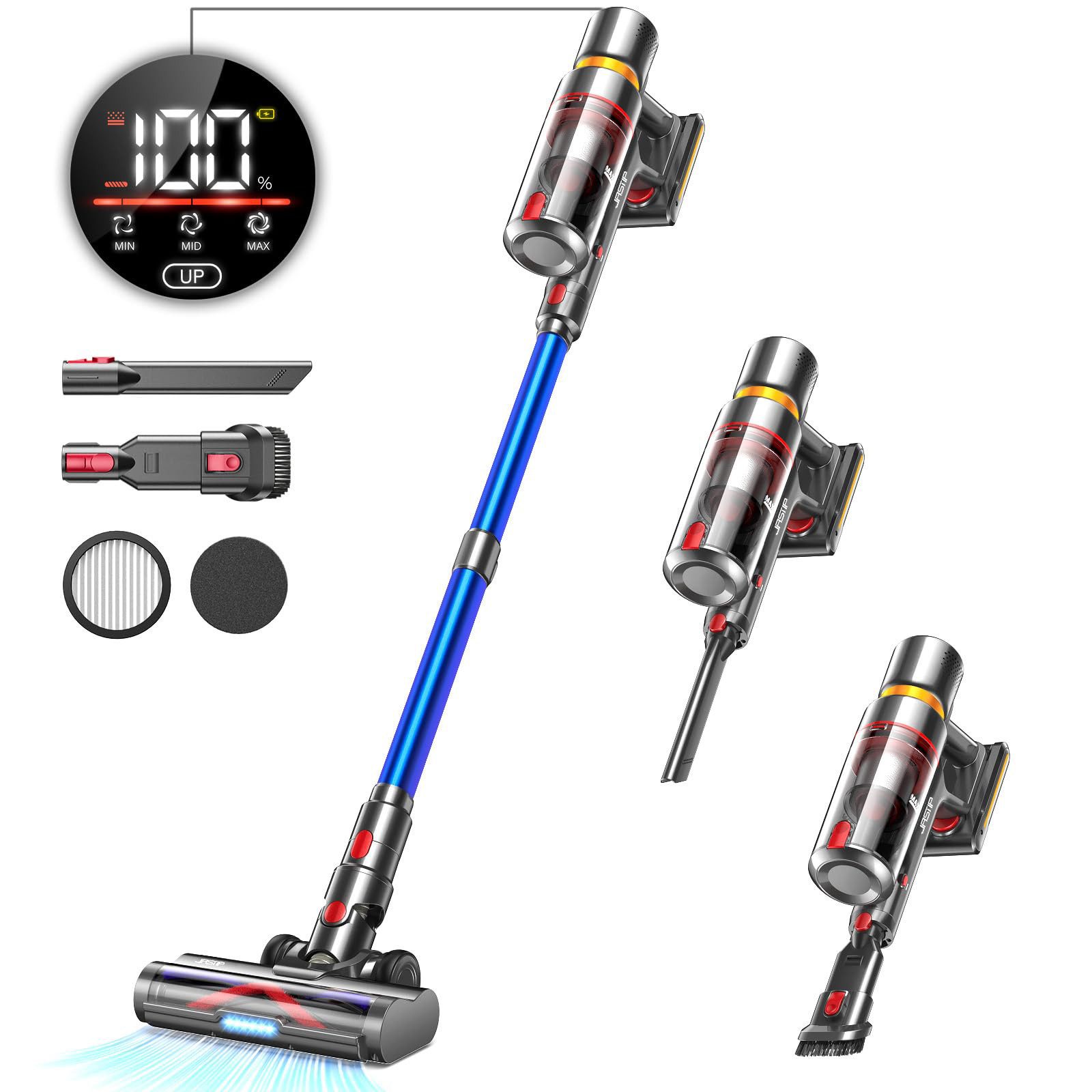 Yoimoimo Akku-Stielstaubsauger Akku-Hand-und Stielstaubsauger V15AB 60000 Pa/600 W/max. 60 Min, beutellos, Enthält Adapter, Akku und Ladestation