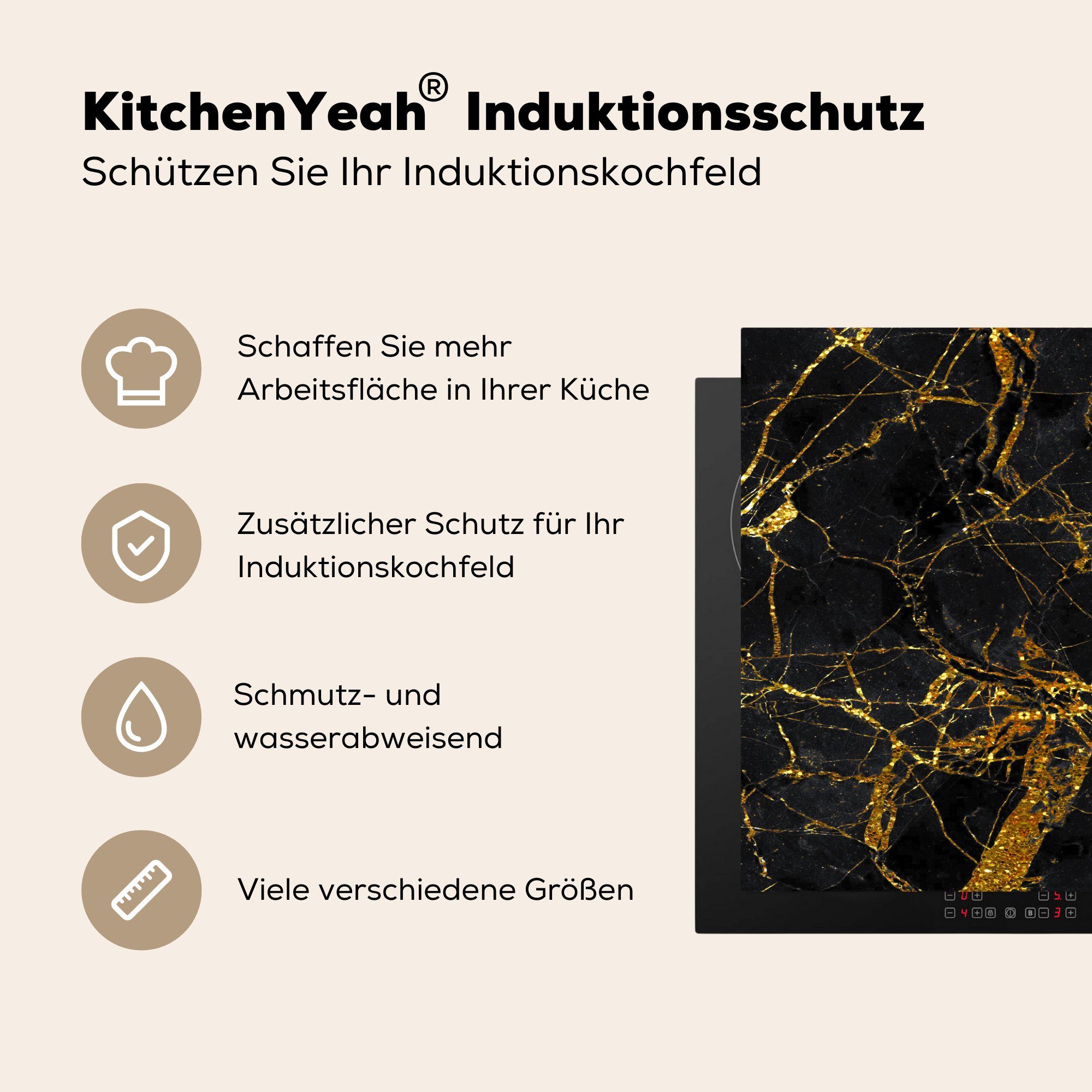 cm, Schwarz Glitter, Ceranfeldabdeckung, küche MuchoWow Arbeitsplatte für (1 - Herdblende-/Abdeckplatte Vinyl, - 78x78 Marmor - Gold tlg),