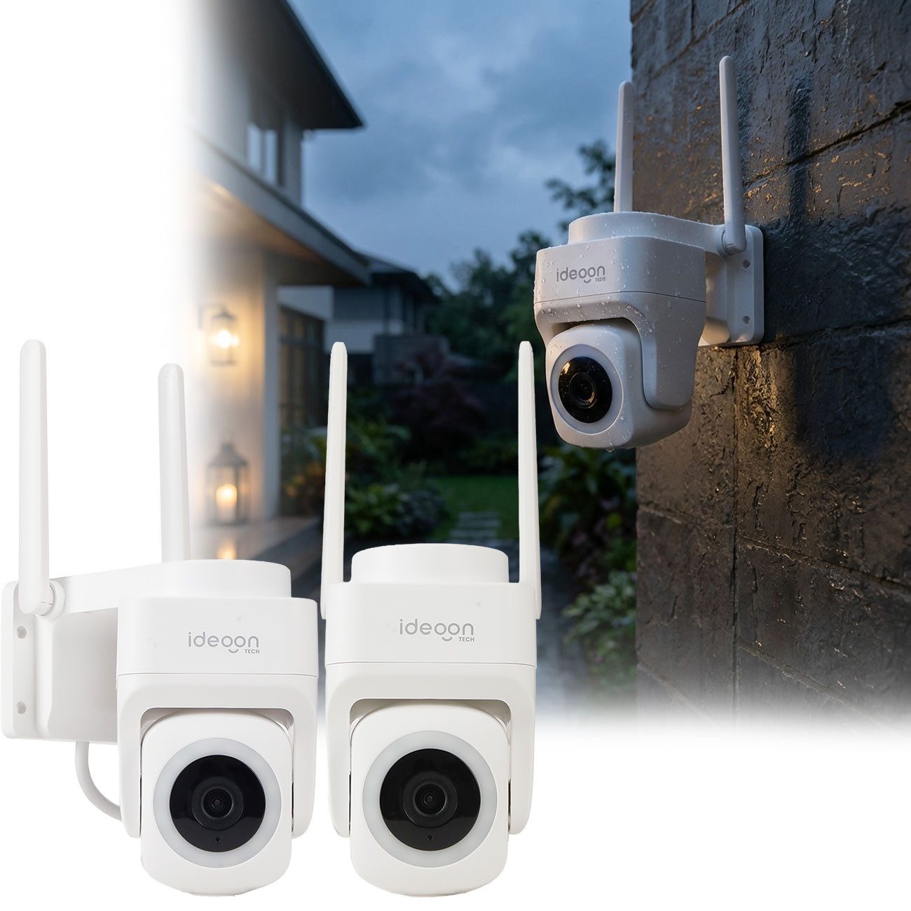 shop'n smile ideoon Überwachungskamera 2K WLAN Outdoor Überwachungskamera IP65 355° Schwenkung Nachtsicht App (2-tlg., Mikrofon & Lautsprecher (Intercom-Funktion) · Alarmsirene bis 85 dB)